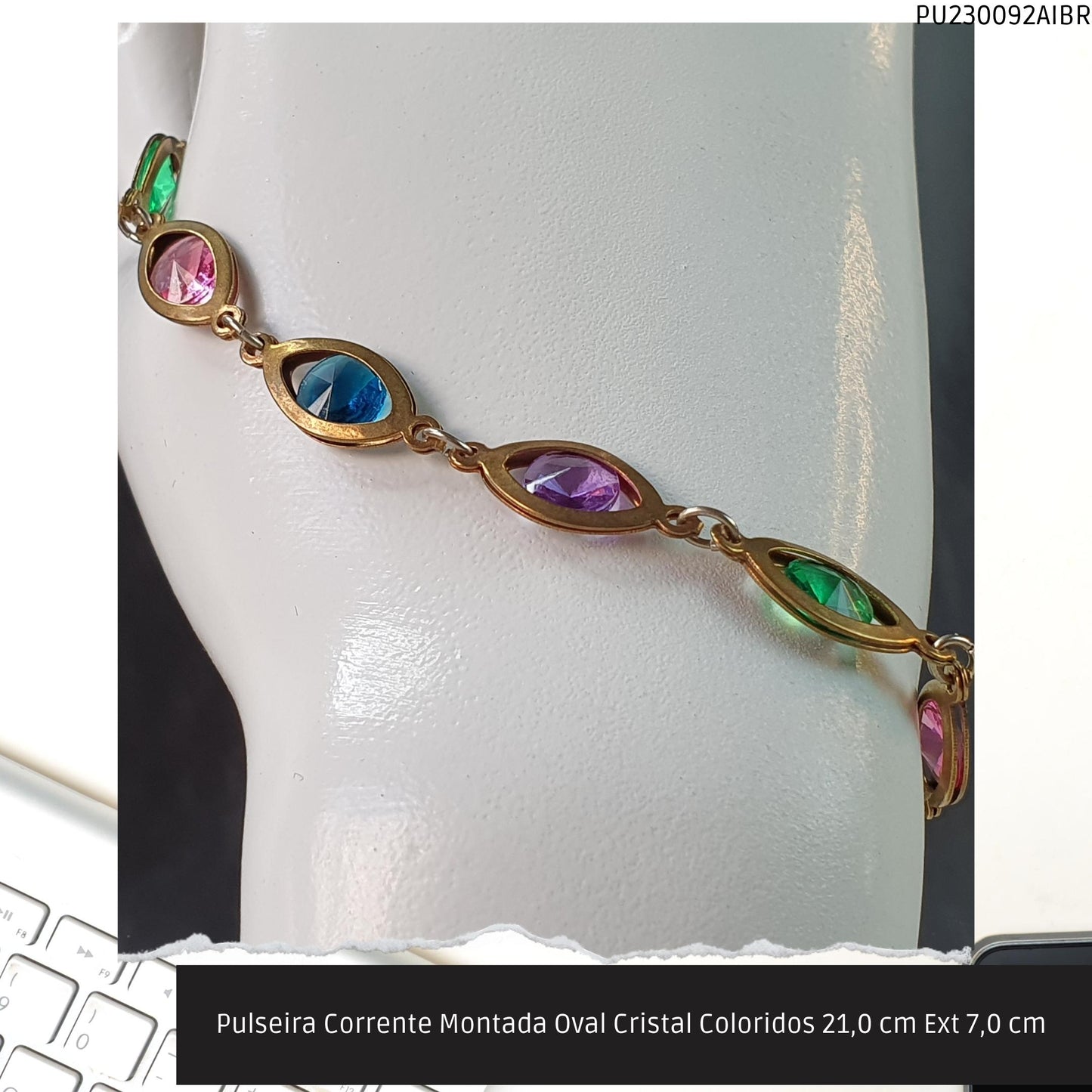 Pulseira Corrente Montada Oval Cristal Coloridos 21.0 cm Ext 7.0 cm   - Código.: PU230092AIBR  - Peso.: 5.8 gr