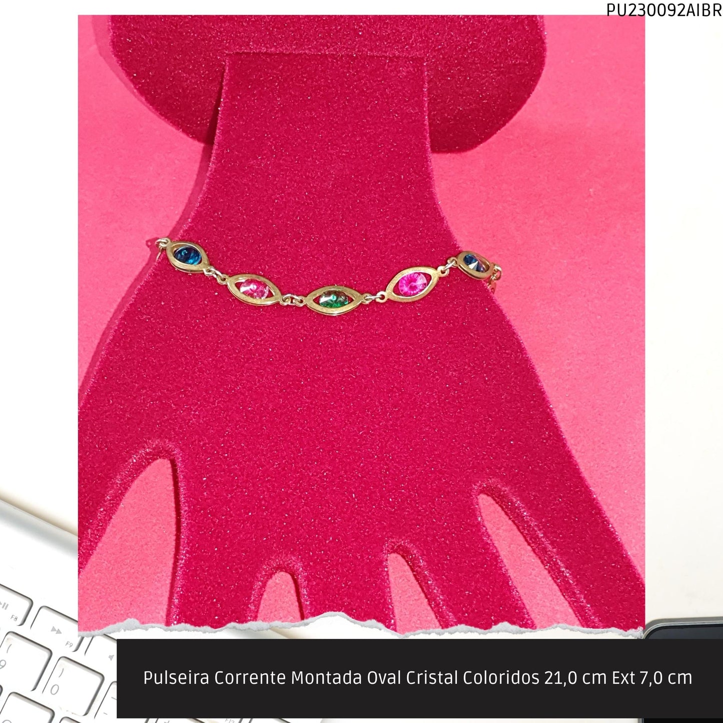 Pulseira Corrente Montada Oval Cristal Coloridos 21.0 cm Ext 7.0 cm   - Código.: PU230092AIBR  - Peso.: 5.8 gr