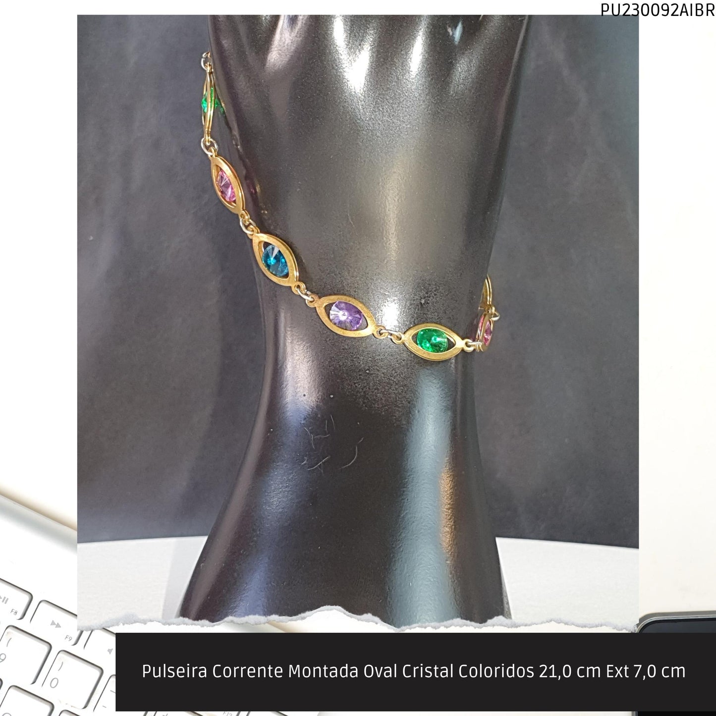 Pulseira Corrente Montada Oval Cristal Coloridos 21.0 cm Ext 7.0 cm   - Código.: PU230092AIBR  - Peso.: 5.8 gr