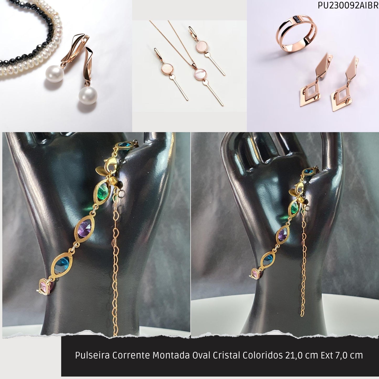 Pulseira Corrente Montada Oval Cristal Coloridos 21.0 cm Ext 7.0 cm   - Código.: PU230092AIBR  - Peso.: 5.8 gr