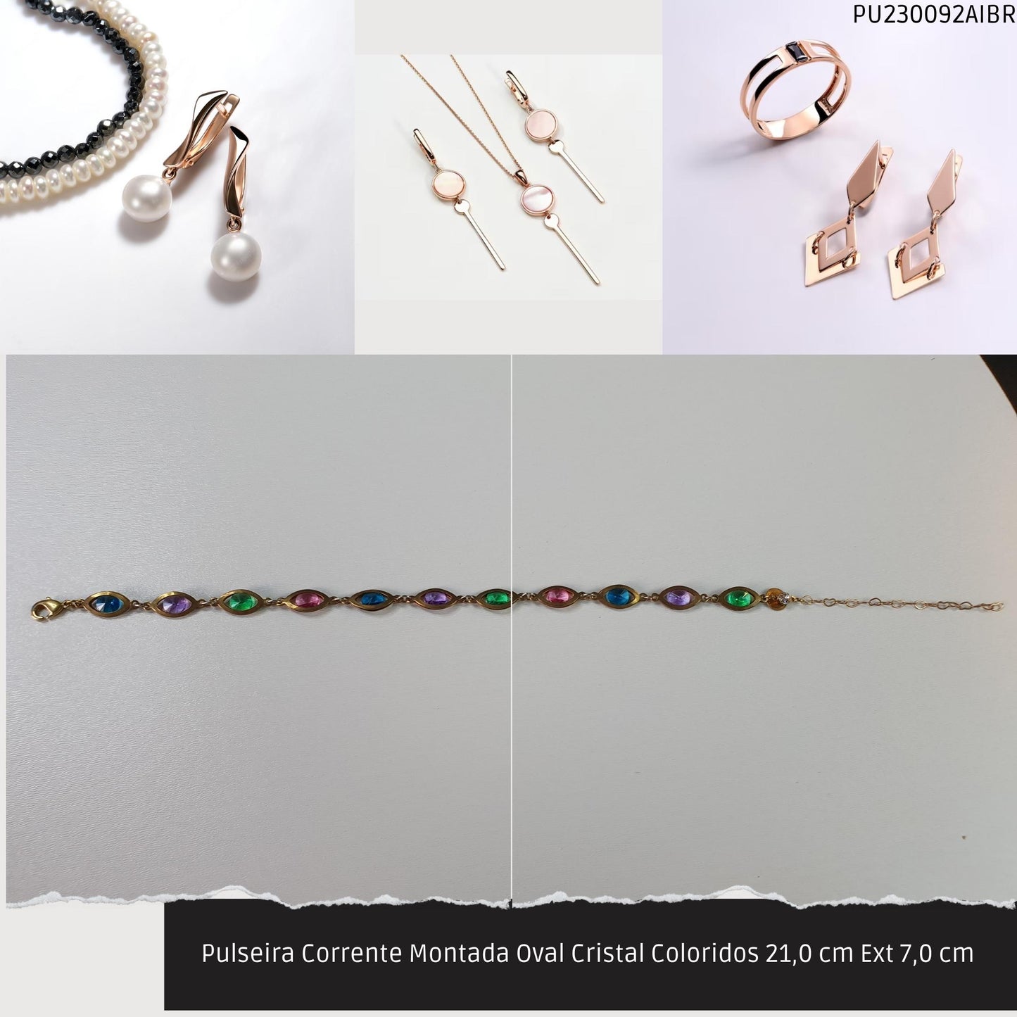 Pulseira Corrente Montada Oval Cristal Coloridos 21.0 cm Ext 7.0 cm   - Código.: PU230092AIBR  - Peso.: 5.8 gr