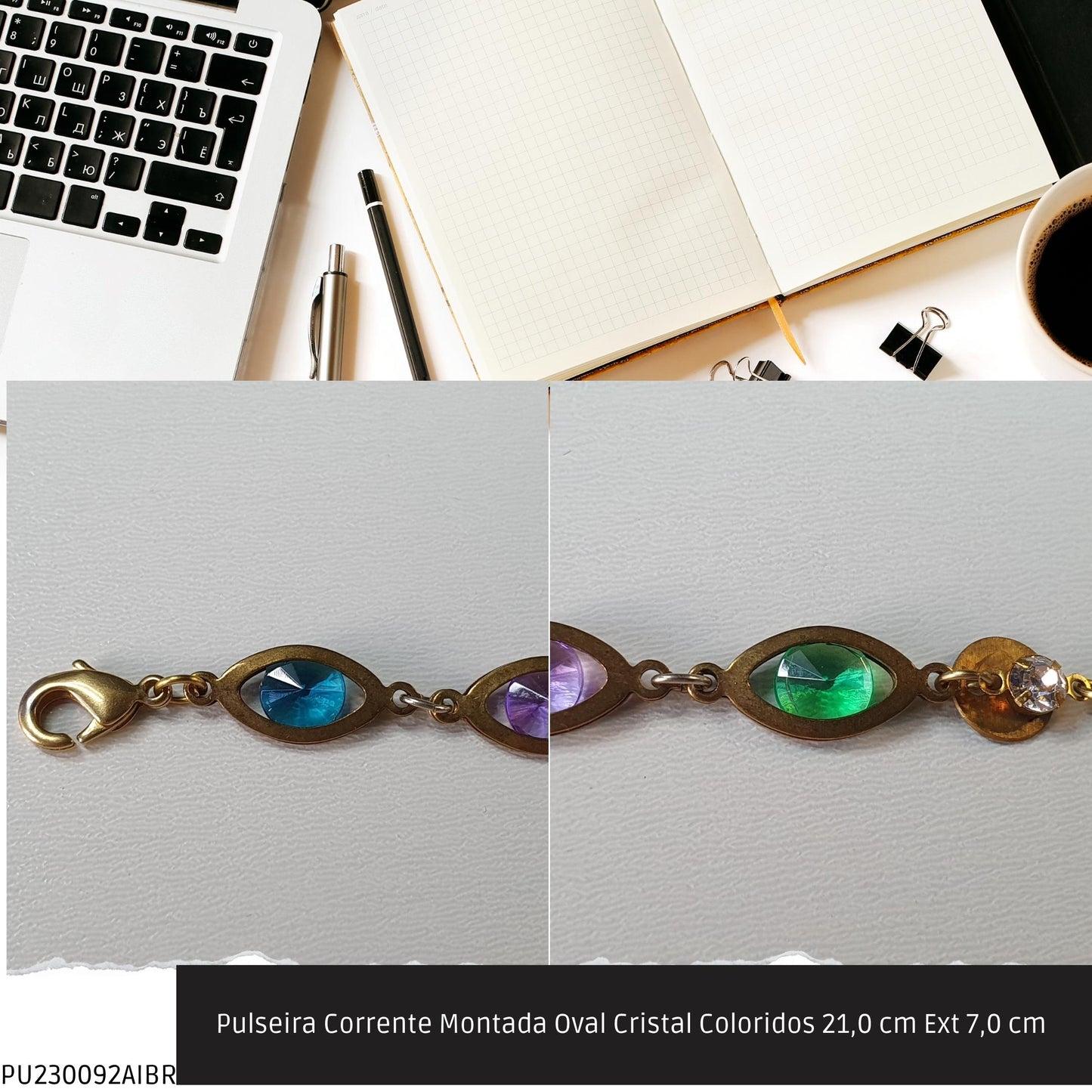 Pulseira Corrente Montada Oval Cristal Coloridos 21.0 cm Ext 7.0 cm   - Código.: PU230092AIBR  - Peso.: 5.8 gr