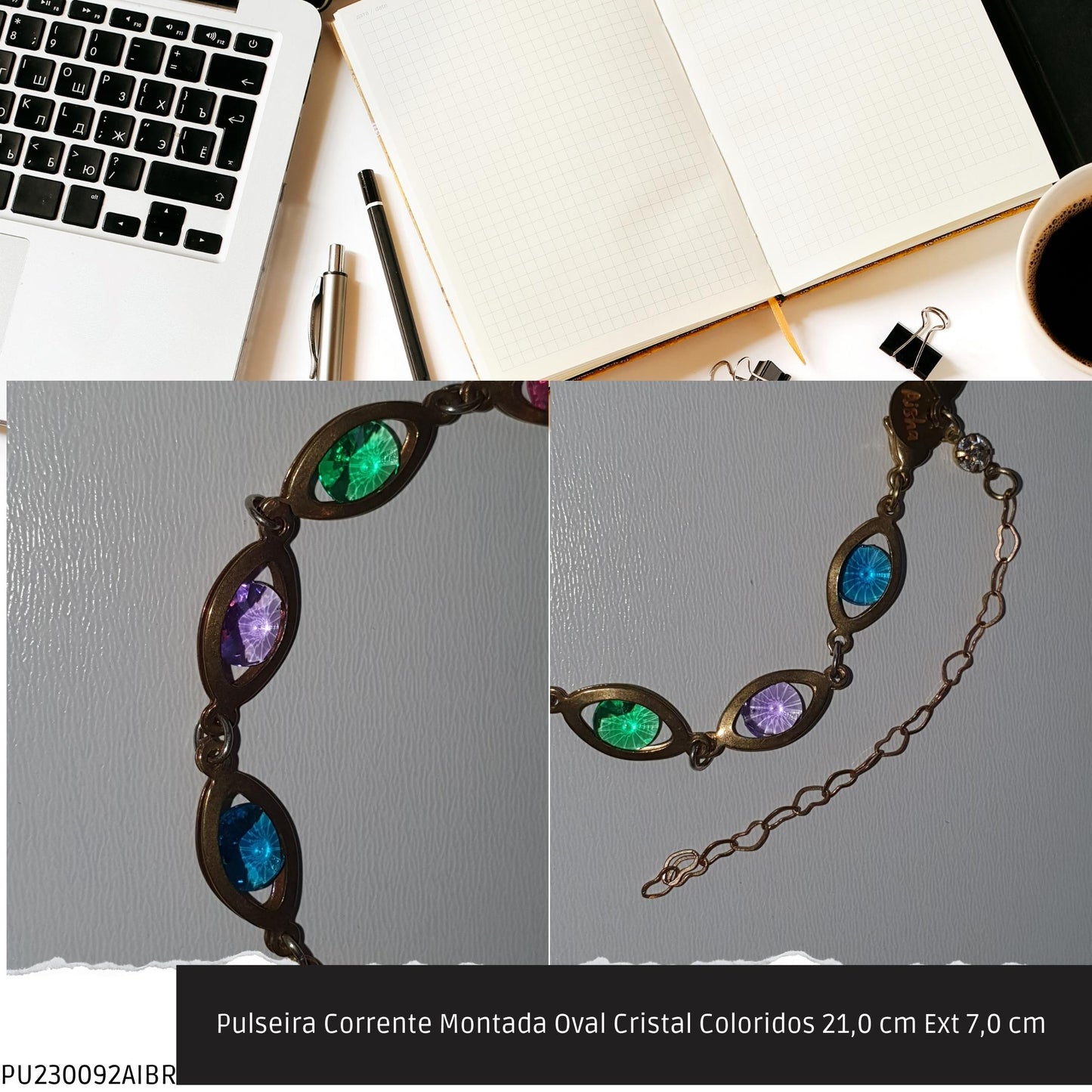 Pulseira Corrente Montada Oval Cristal Coloridos 21.0 cm Ext 7.0 cm   - Código.: PU230092AIBR  - Peso.: 5.8 gr