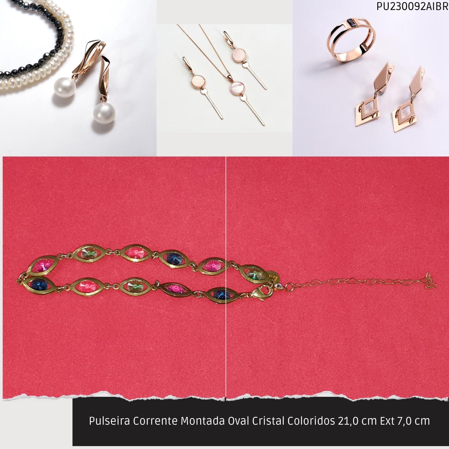 Pulseira Corrente Montada Oval Cristal Coloridos 21.0 cm Ext 7.0 cm   - Código.: PU230092AIBR  - Peso.: 5.8 gr