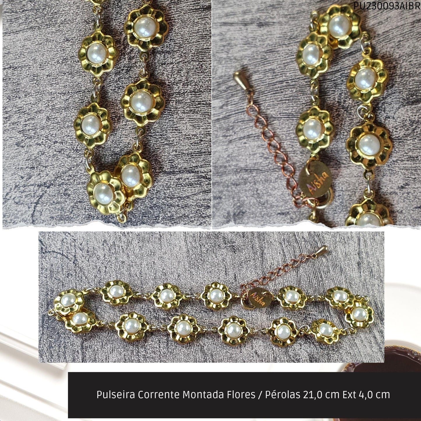 Pulseira Corrente Montada Flores / Pérolas 21.0 cm Ext 4.0 cm   - Código.: PU230093AIBR  - Peso.: 6.6 gr