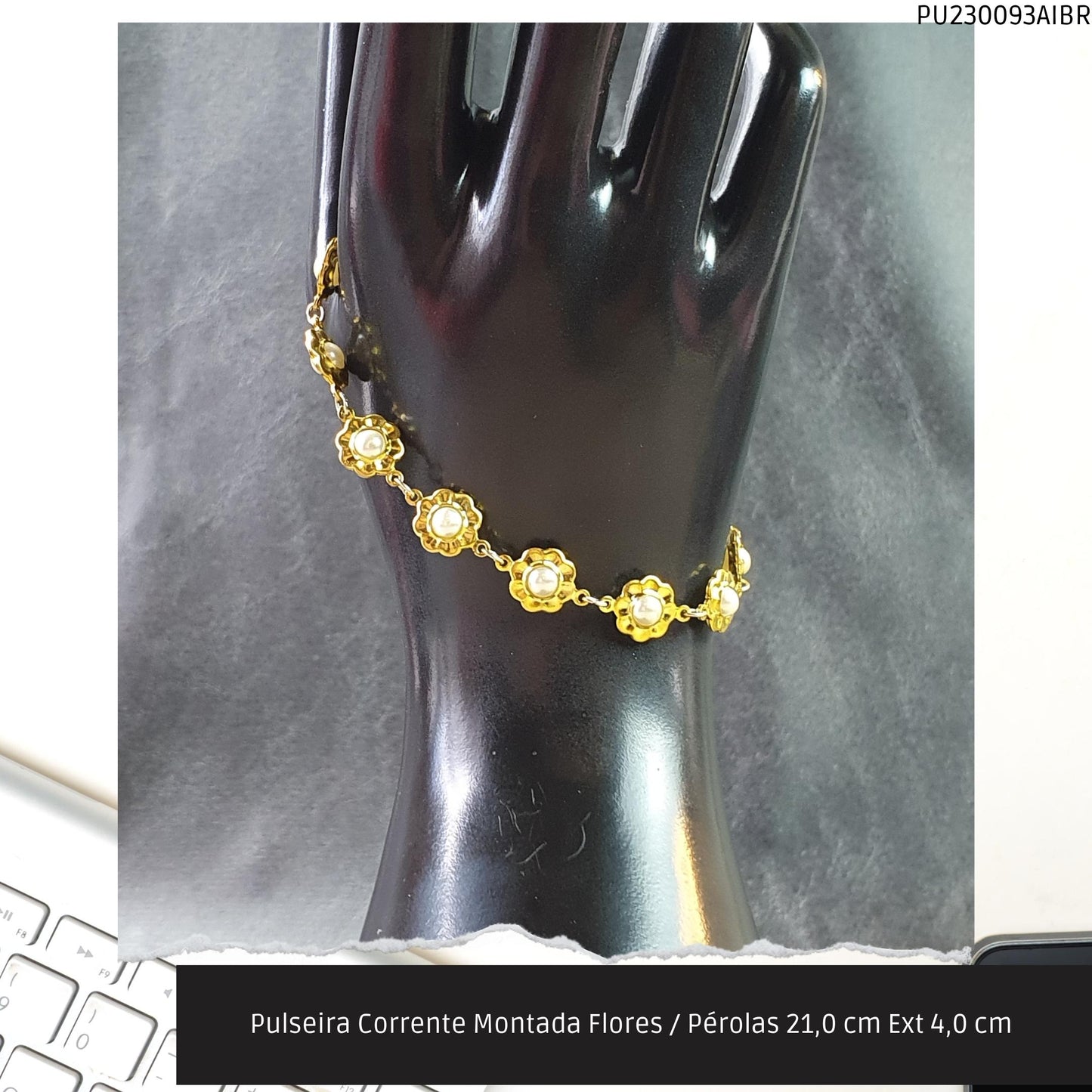 Pulseira Corrente Montada Flores / Pérolas 21.0 cm Ext 4.0 cm   - Código.: PU230093AIBR  - Peso.: 6.6 gr