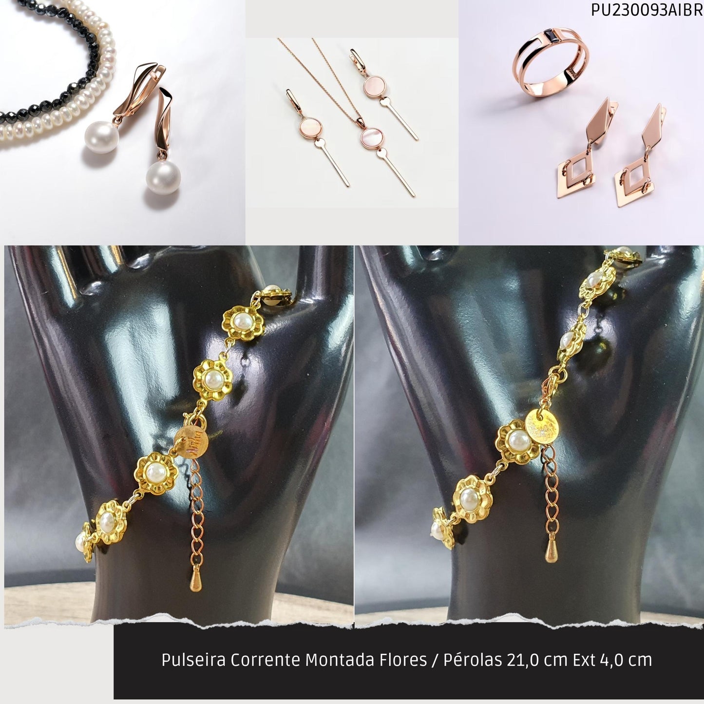 Pulseira Corrente Montada Flores / Pérolas 21.0 cm Ext 4.0 cm   - Código.: PU230093AIBR  - Peso.: 6.6 gr