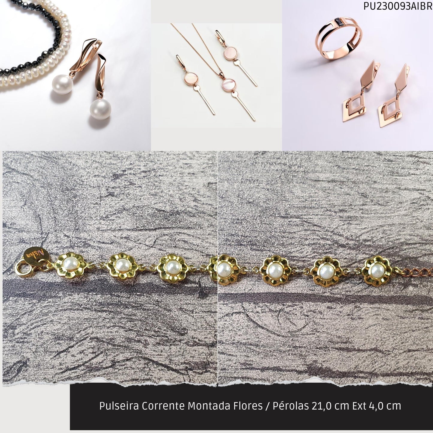 Pulseira Corrente Montada Flores / Pérolas 21.0 cm Ext 4.0 cm   - Código.: PU230093AIBR  - Peso.: 6.6 gr