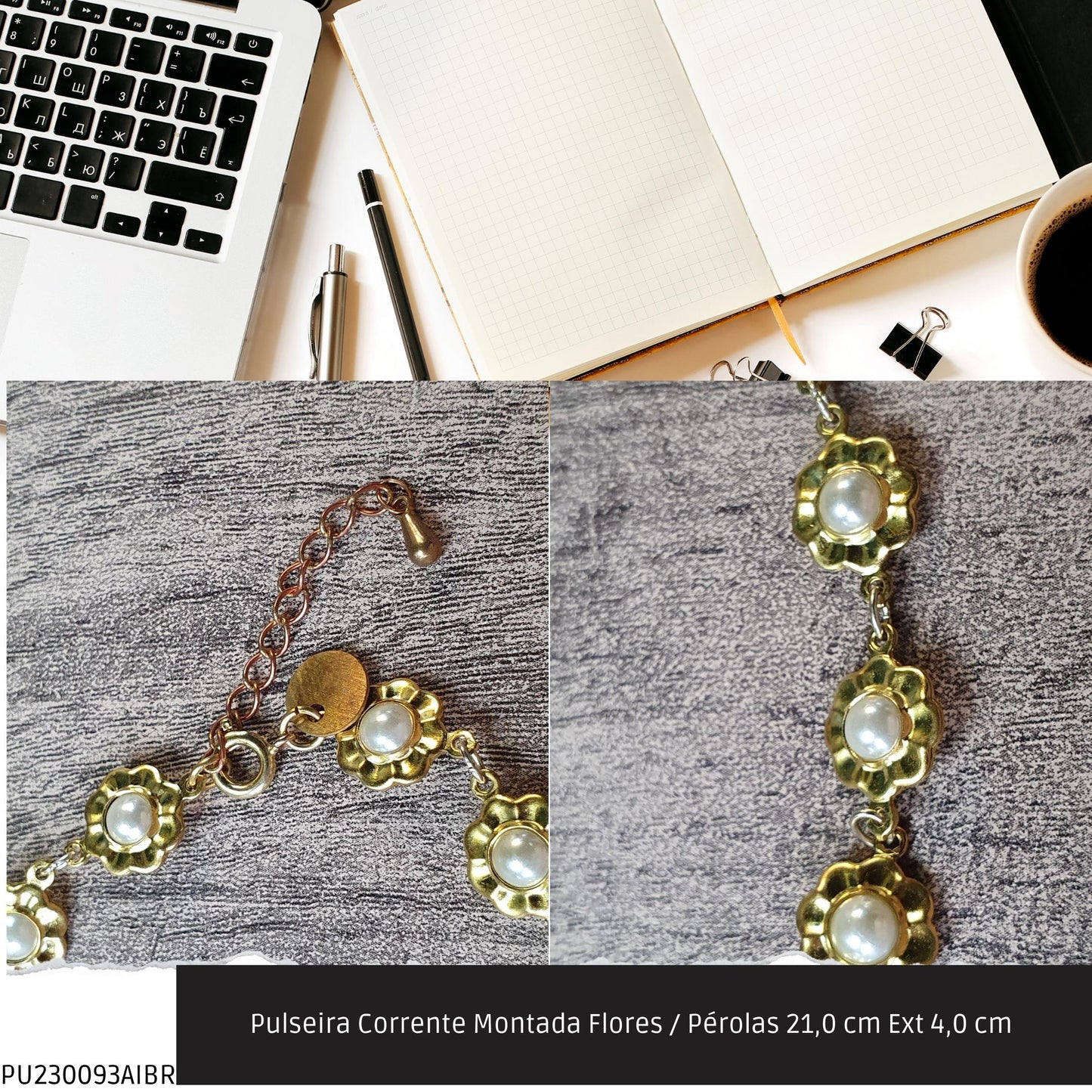 Pulseira Corrente Montada Flores / Pérolas 21.0 cm Ext 4.0 cm   - Código.: PU230093AIBR  - Peso.: 6.6 gr