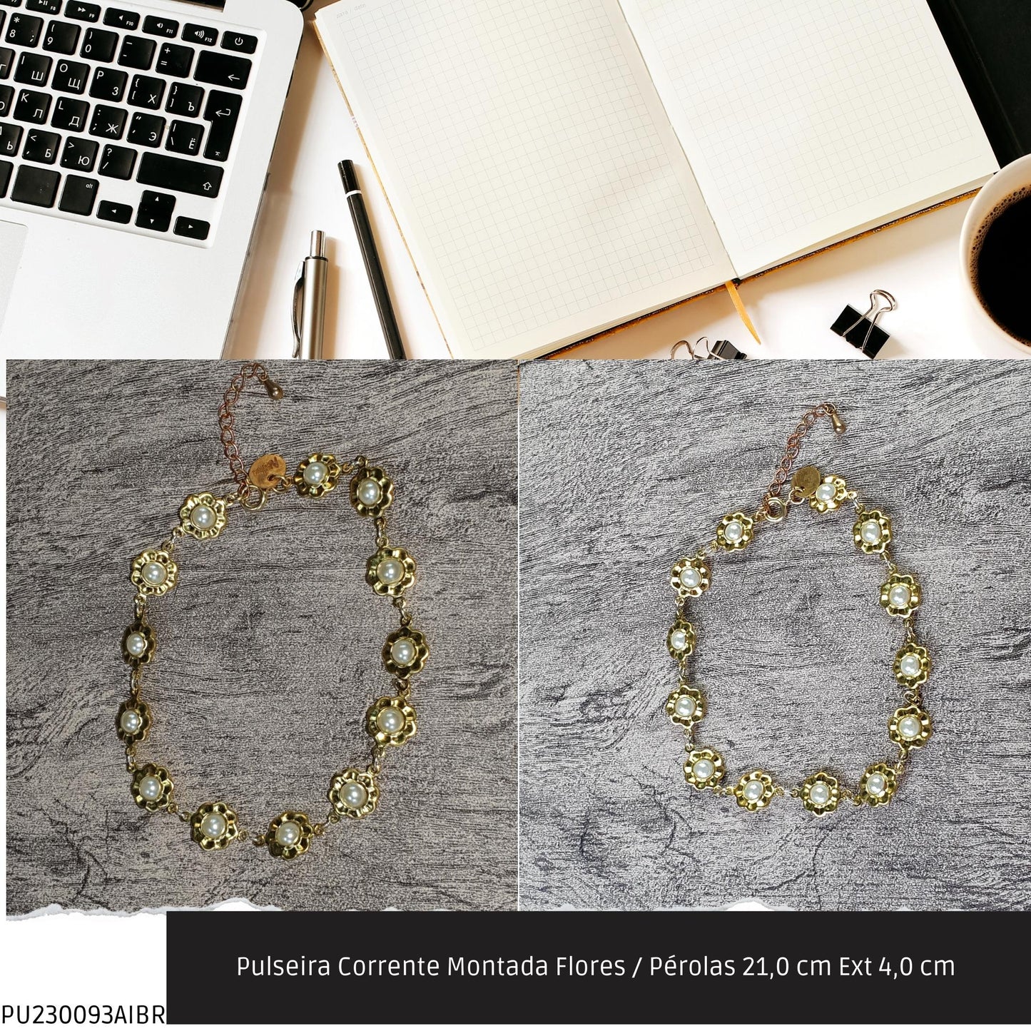 Pulseira Corrente Montada Flores / Pérolas 21.0 cm Ext 4.0 cm   - Código.: PU230093AIBR  - Peso.: 6.6 gr
