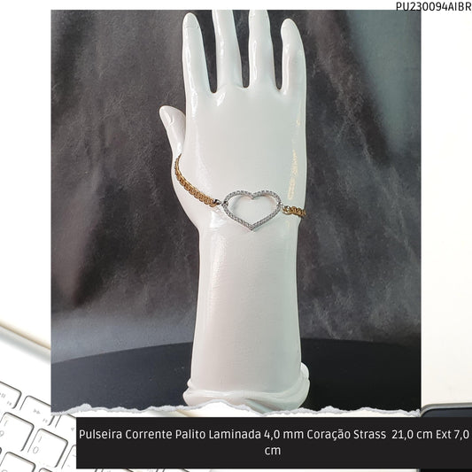 Pulseira Corrente Palito Laminada 4.0 mm Coração Strass  21.0 cm Ext 7.0 cm   - Código.: PU230094AIBR  - Peso.: 6.8 gr