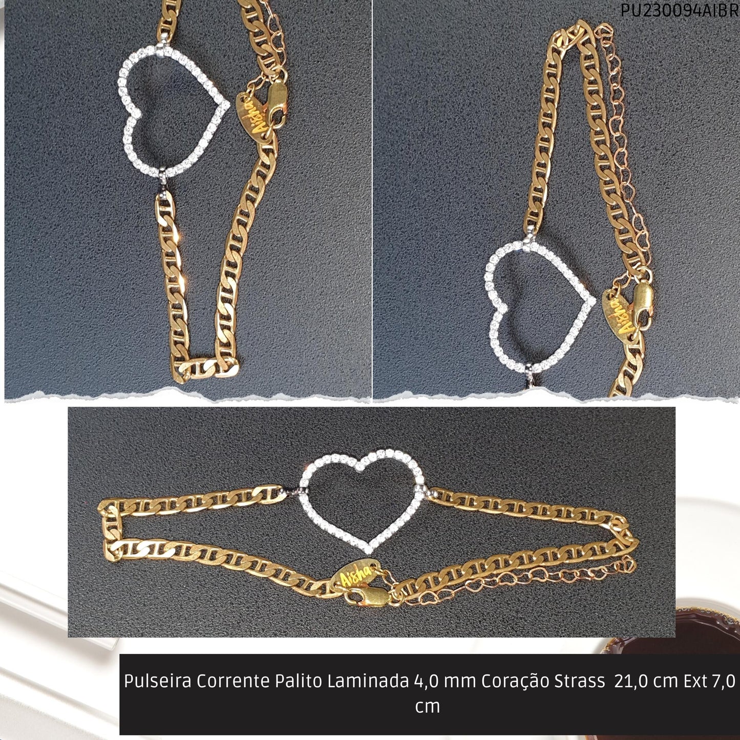 Pulseira Corrente Palito Laminada 4.0 mm Coração Strass  21.0 cm Ext 7.0 cm   - Código.: PU230094AIBR  - Peso.: 6.8 gr
