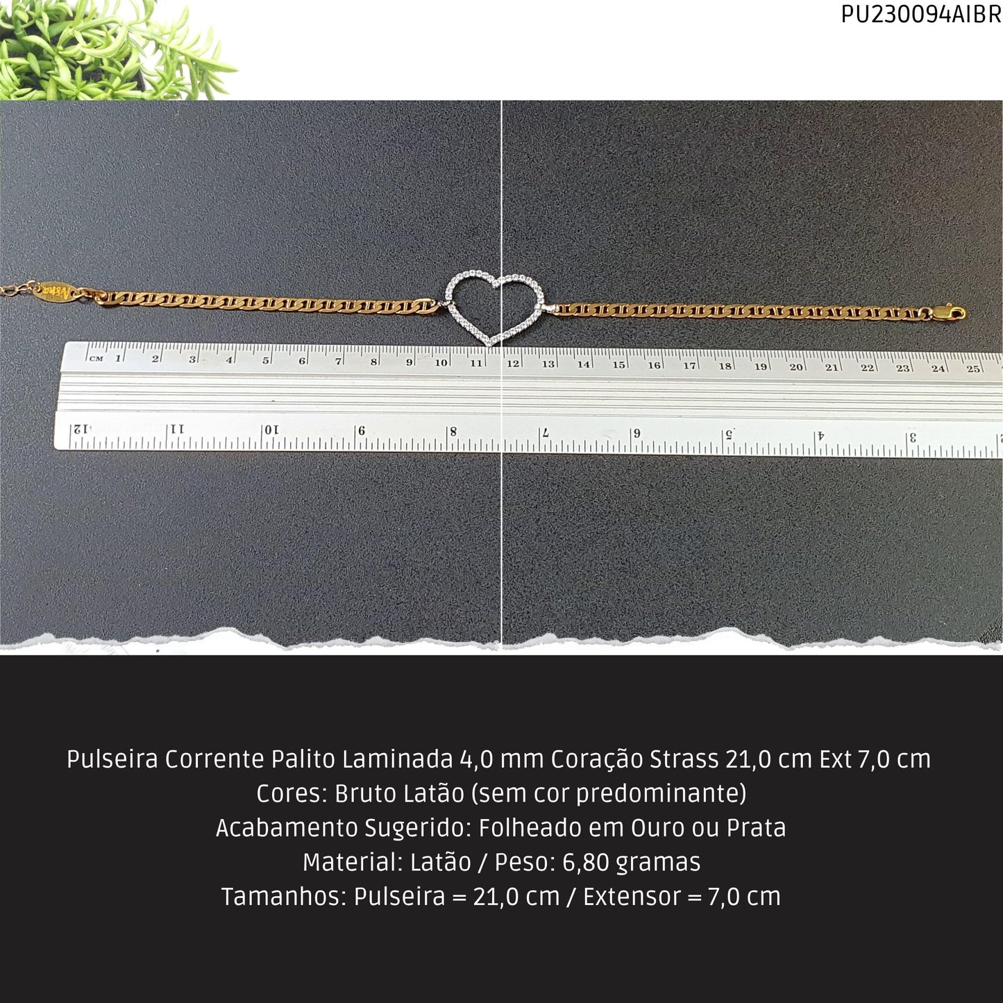 Pulseira Corrente Palito Laminada 4.0 mm Coração Strass  21.0 cm Ext 7.0 cm   - Código.: PU230094AIBR  - Peso.: 6.8 gr