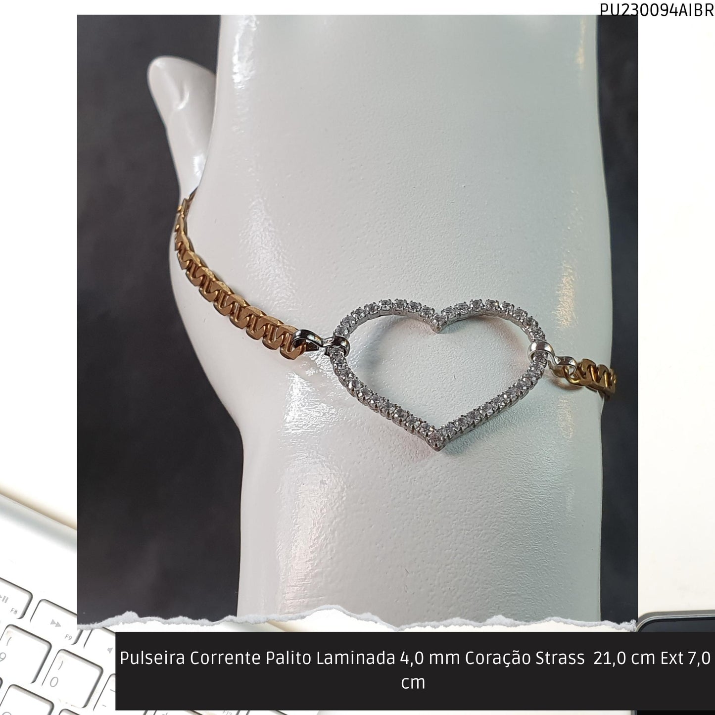 Pulseira Corrente Palito Laminada 4.0 mm Coração Strass  21.0 cm Ext 7.0 cm   - Código.: PU230094AIBR  - Peso.: 6.8 gr