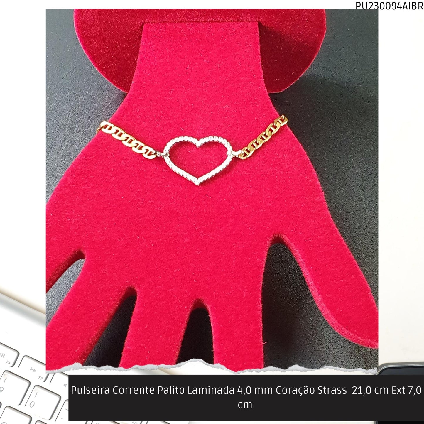 Pulseira Corrente Palito Laminada 4.0 mm Coração Strass  21.0 cm Ext 7.0 cm   - Código.: PU230094AIBR  - Peso.: 6.8 gr