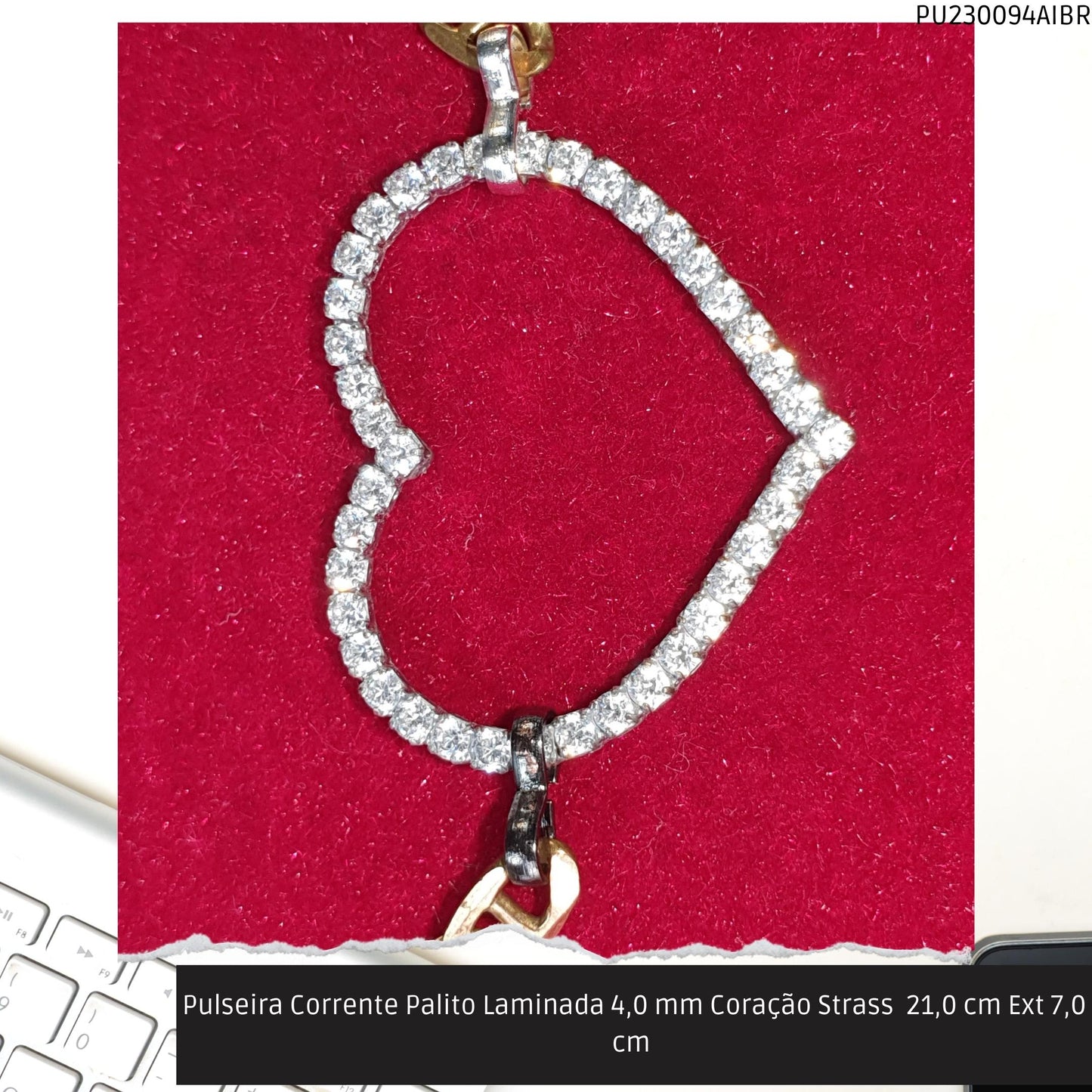 Pulseira Corrente Palito Laminada 4.0 mm Coração Strass  21.0 cm Ext 7.0 cm   - Código.: PU230094AIBR  - Peso.: 6.8 gr