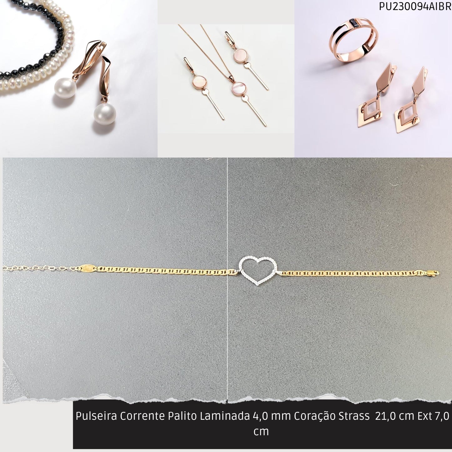 Pulseira Corrente Palito Laminada 4.0 mm Coração Strass  21.0 cm Ext 7.0 cm   - Código.: PU230094AIBR  - Peso.: 6.8 gr