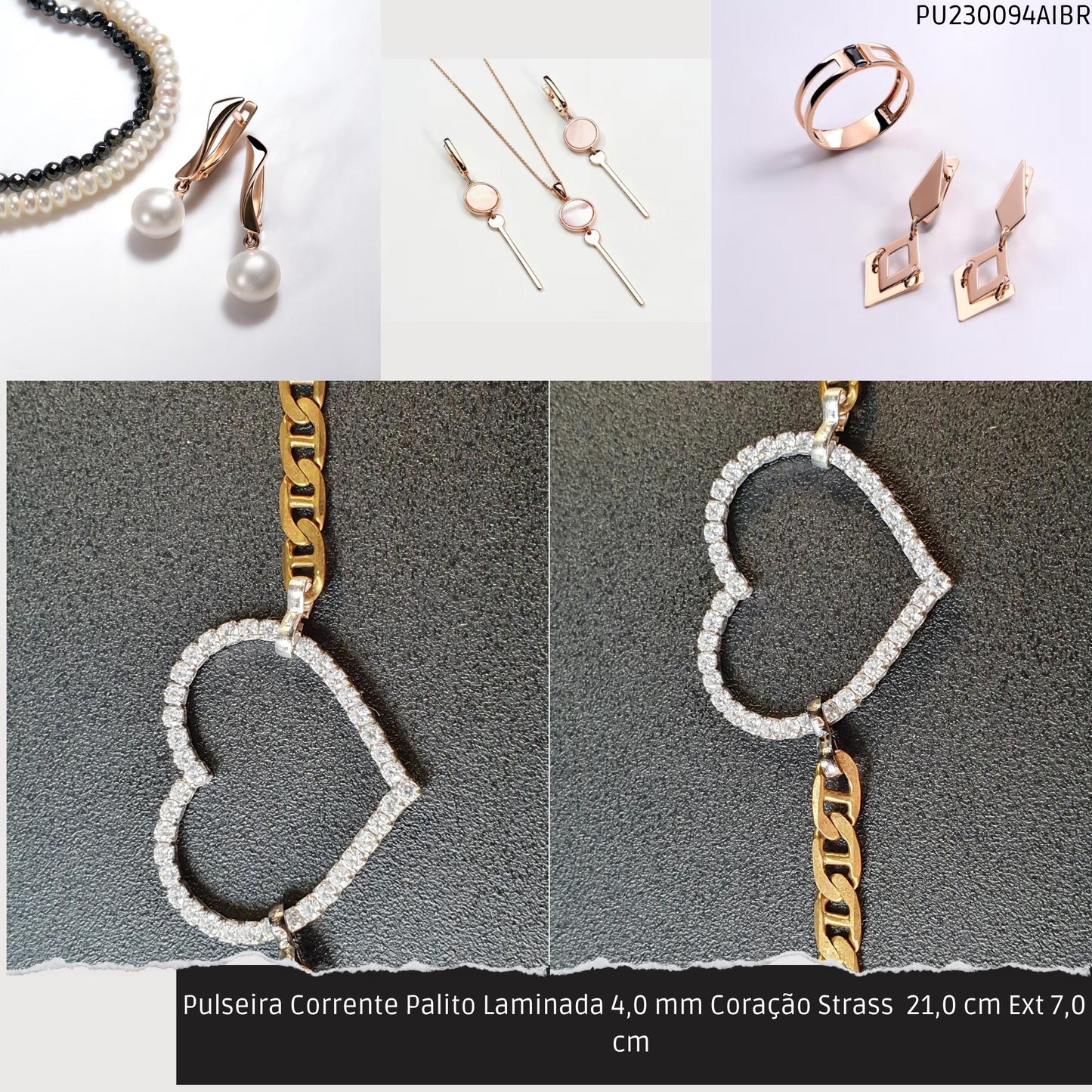 Pulseira Corrente Palito Laminada 4.0 mm Coração Strass  21.0 cm Ext 7.0 cm   - Código.: PU230094AIBR  - Peso.: 6.8 gr
