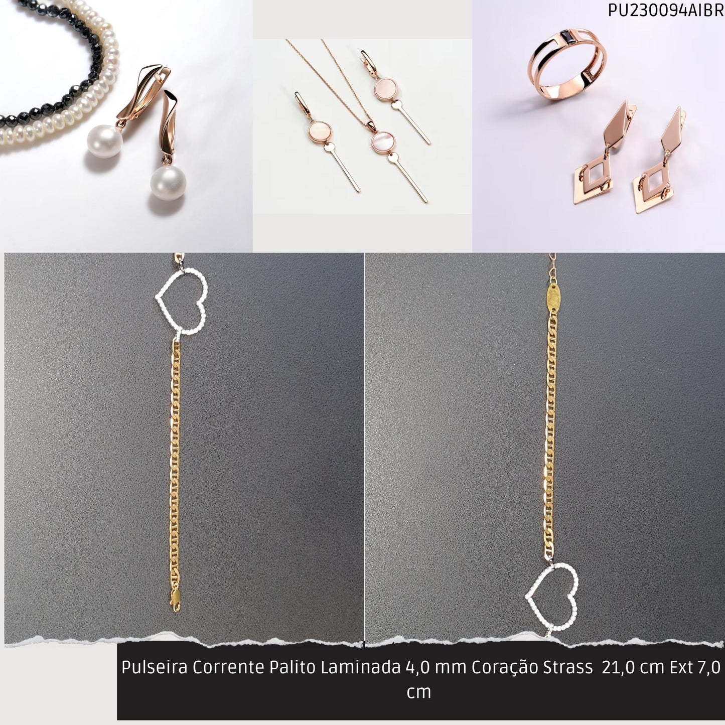 Pulseira Corrente Palito Laminada 4.0 mm Coração Strass  21.0 cm Ext 7.0 cm   - Código.: PU230094AIBR  - Peso.: 6.8 gr