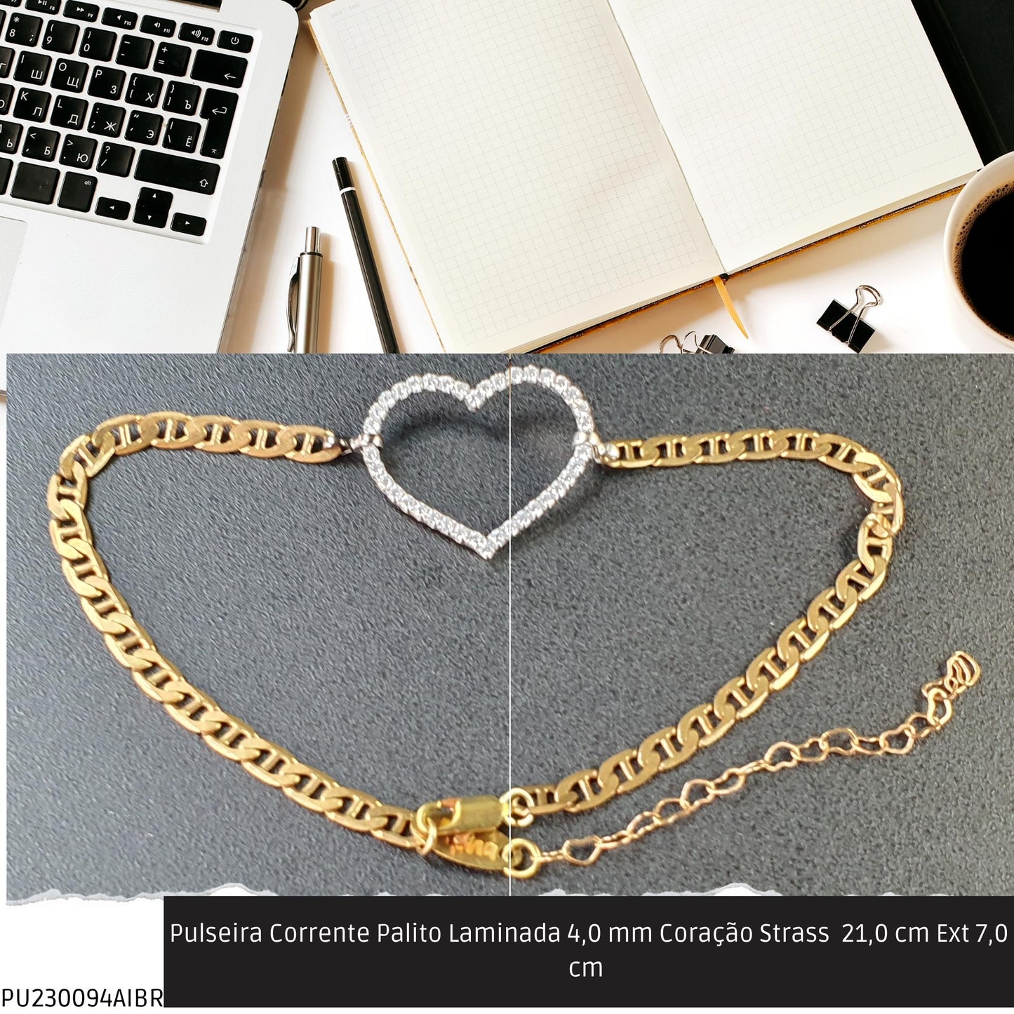 Pulseira Corrente Palito Laminada 4.0 mm Coração Strass  21.0 cm Ext 7.0 cm   - Código.: PU230094AIBR  - Peso.: 6.8 gr