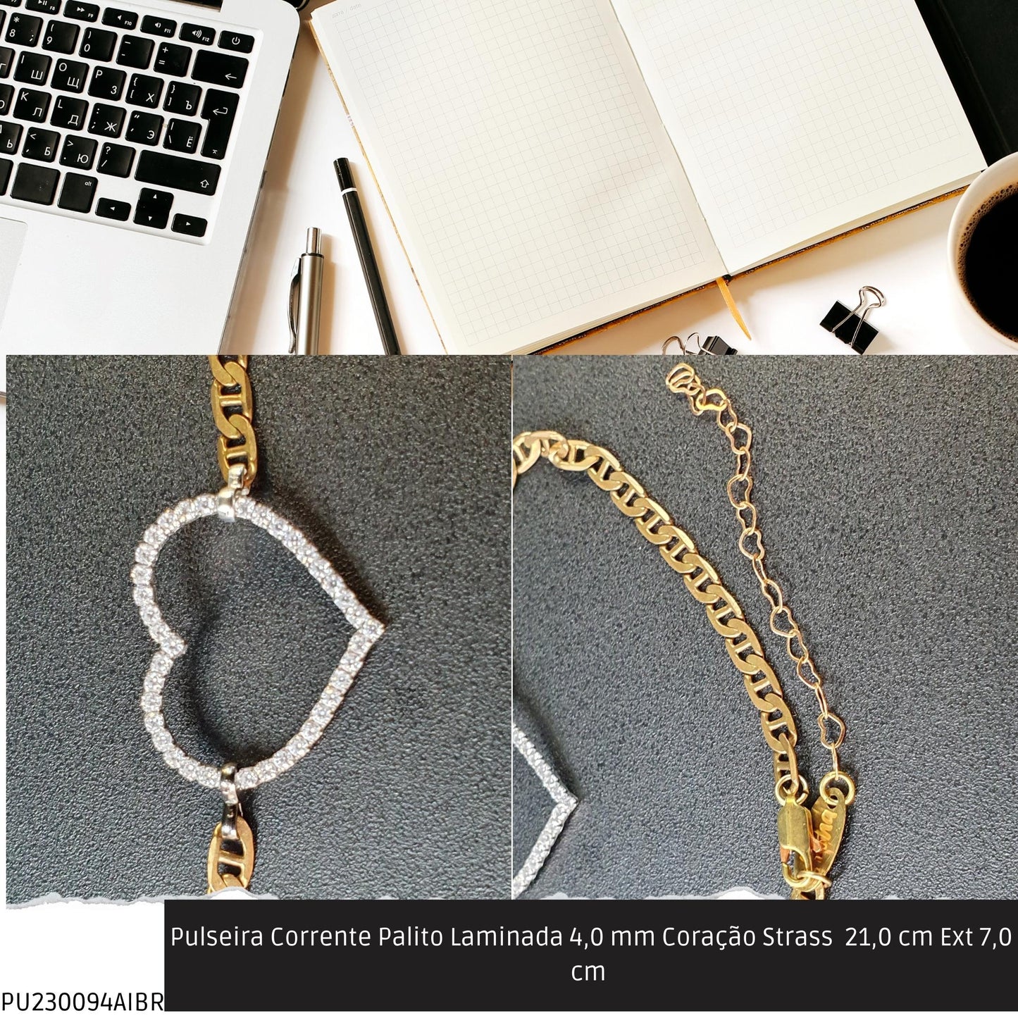 Pulseira Corrente Palito Laminada 4.0 mm Coração Strass  21.0 cm Ext 7.0 cm   - Código.: PU230094AIBR  - Peso.: 6.8 gr