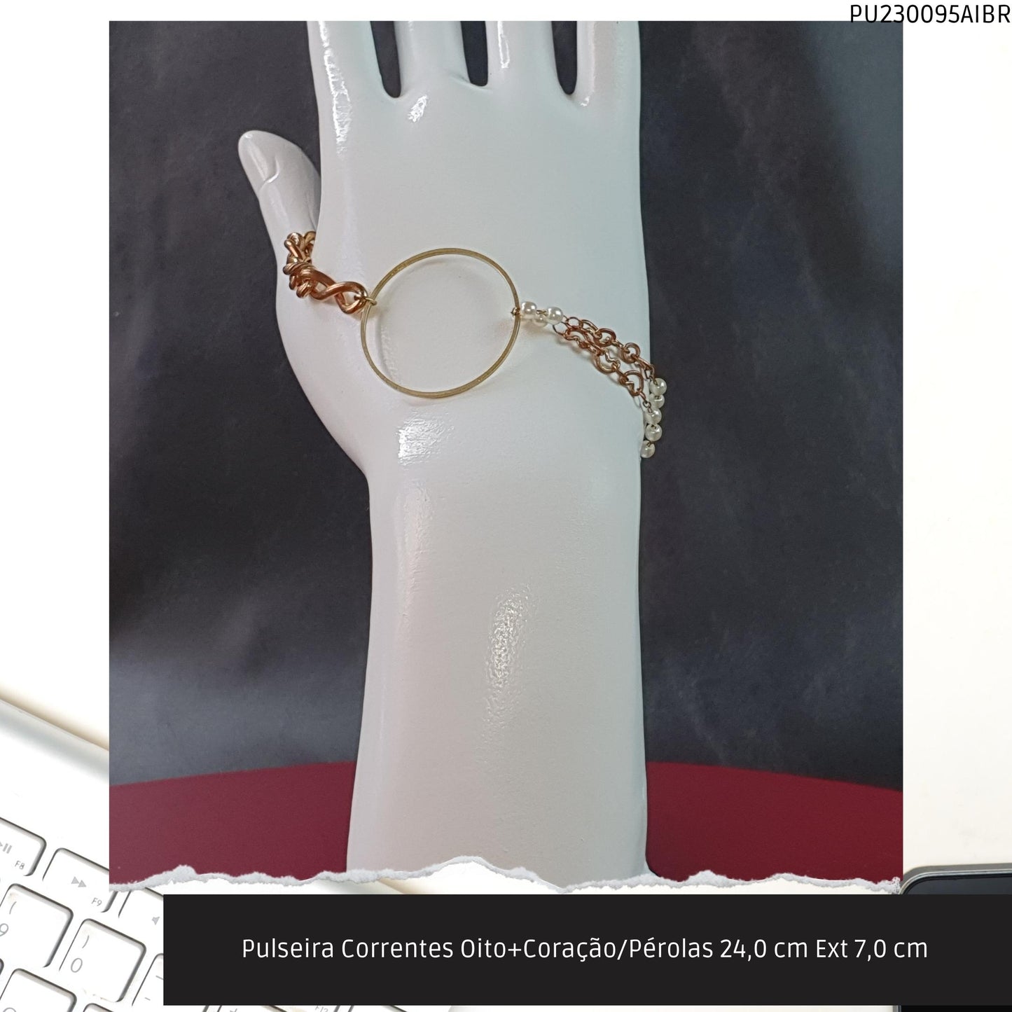 Pulseira Correntes Oito+Coração/Pérolas 24.0 cm Ext 7.0 cm   - Código.: PU230095AIBR  - Peso.: 12.5 gr