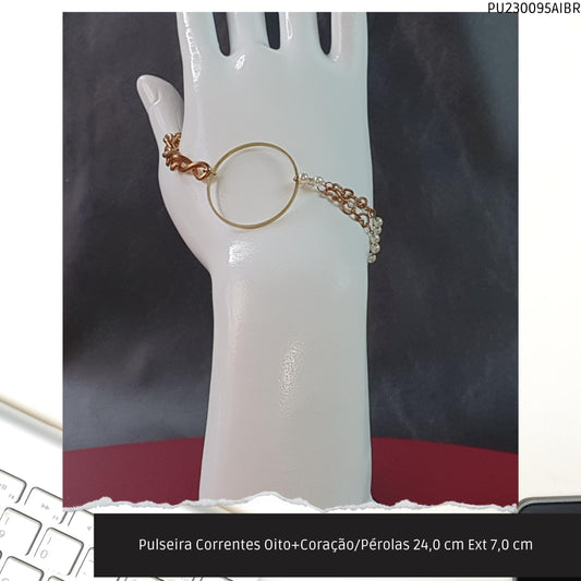 Pulseira Correntes Oito+Coração/Pérolas 24.0 cm Ext 7.0 cm   - Código.: PU230095AIBR  - Peso.: 12.5 gr
