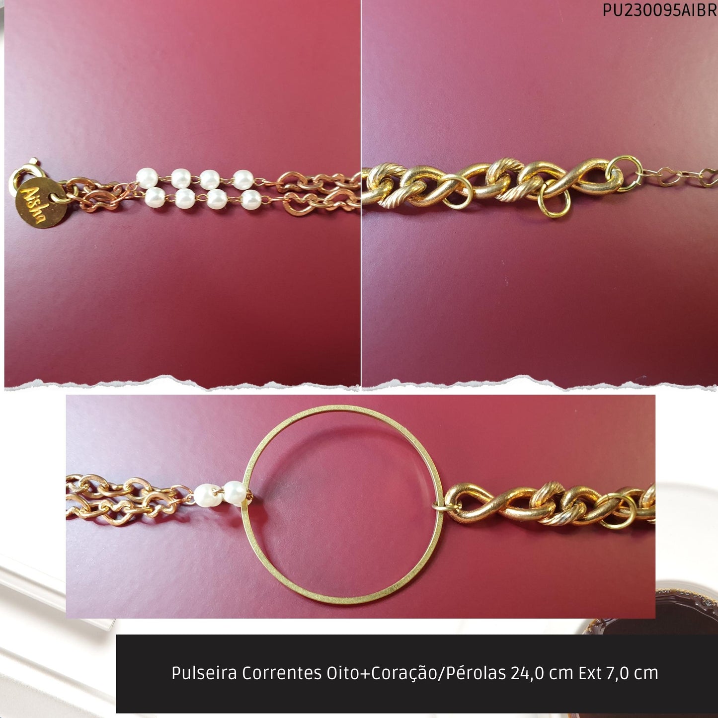 Pulseira Correntes Oito+Coração/Pérolas 24.0 cm Ext 7.0 cm   - Código.: PU230095AIBR  - Peso.: 12.5 gr