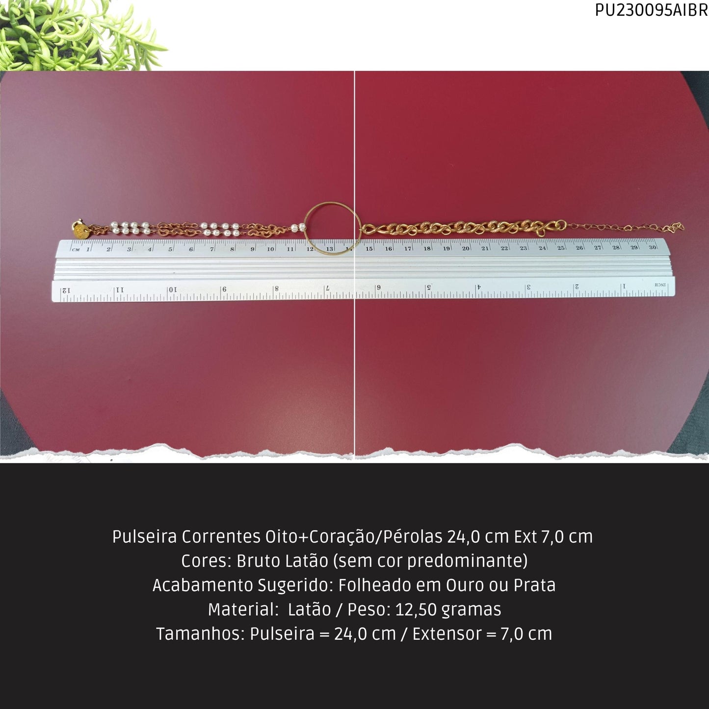 Pulseira Correntes Oito+Coração/Pérolas 24.0 cm Ext 7.0 cm   - Código.: PU230095AIBR  - Peso.: 12.5 gr