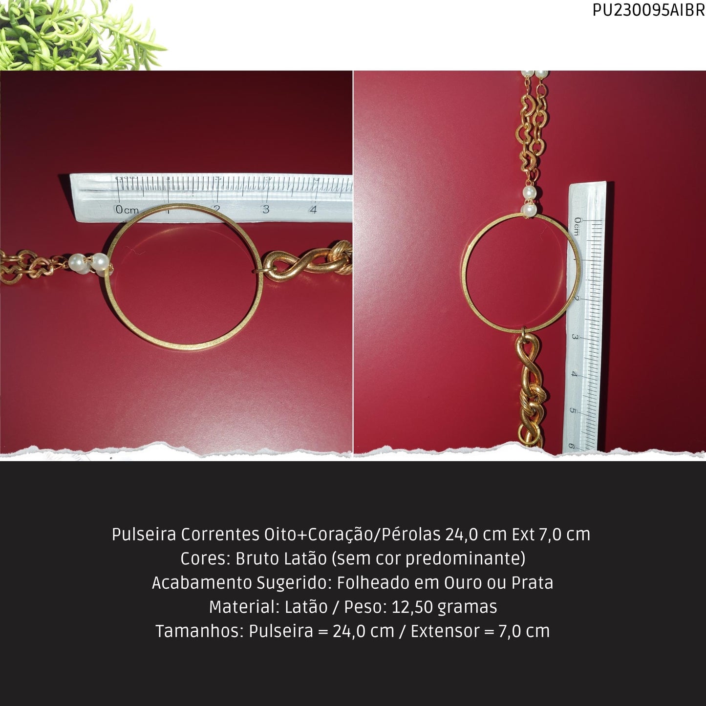 Pulseira Correntes Oito+Coração/Pérolas 24.0 cm Ext 7.0 cm   - Código.: PU230095AIBR  - Peso.: 12.5 gr
