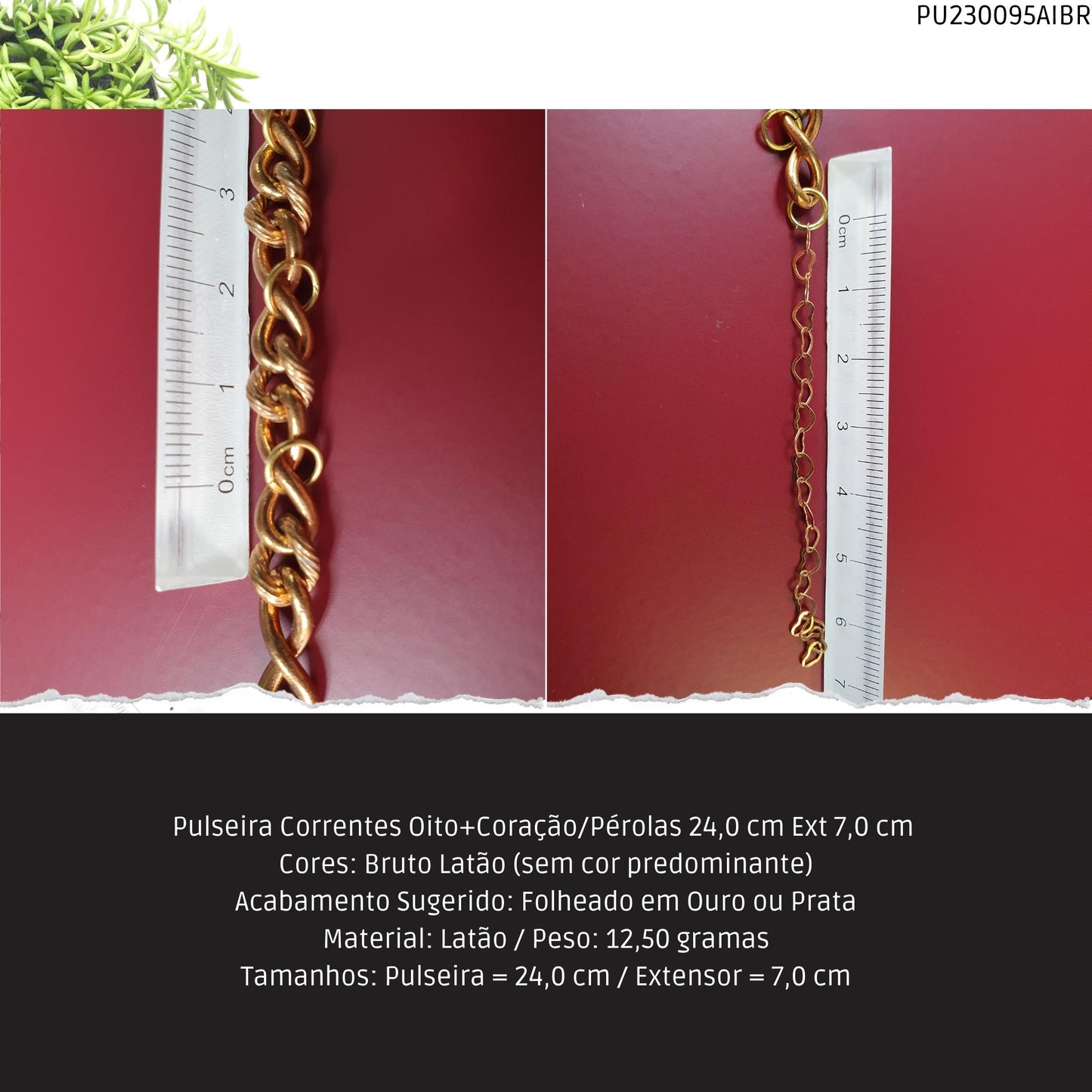 Pulseira Correntes Oito+Coração/Pérolas 24.0 cm Ext 7.0 cm   - Código.: PU230095AIBR  - Peso.: 12.5 gr
