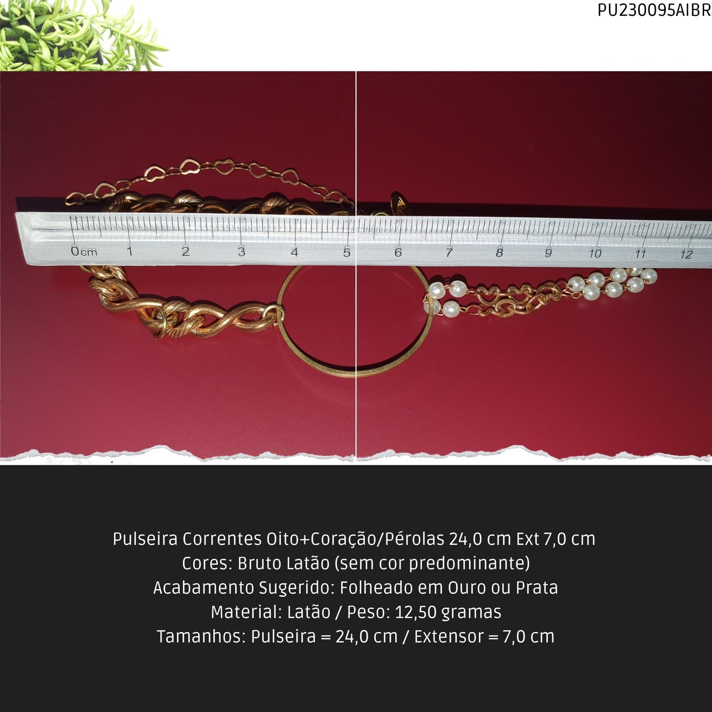 Pulseira Correntes Oito+Coração/Pérolas 24.0 cm Ext 7.0 cm   - Código.: PU230095AIBR  - Peso.: 12.5 gr