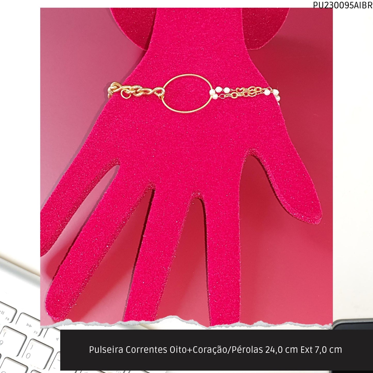 Pulseira Correntes Oito+Coração/Pérolas 24.0 cm Ext 7.0 cm   - Código.: PU230095AIBR  - Peso.: 12.5 gr