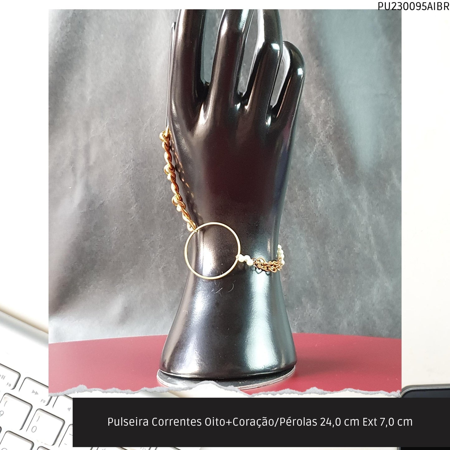 Pulseira Correntes Oito+Coração/Pérolas 24.0 cm Ext 7.0 cm   - Código.: PU230095AIBR  - Peso.: 12.5 gr