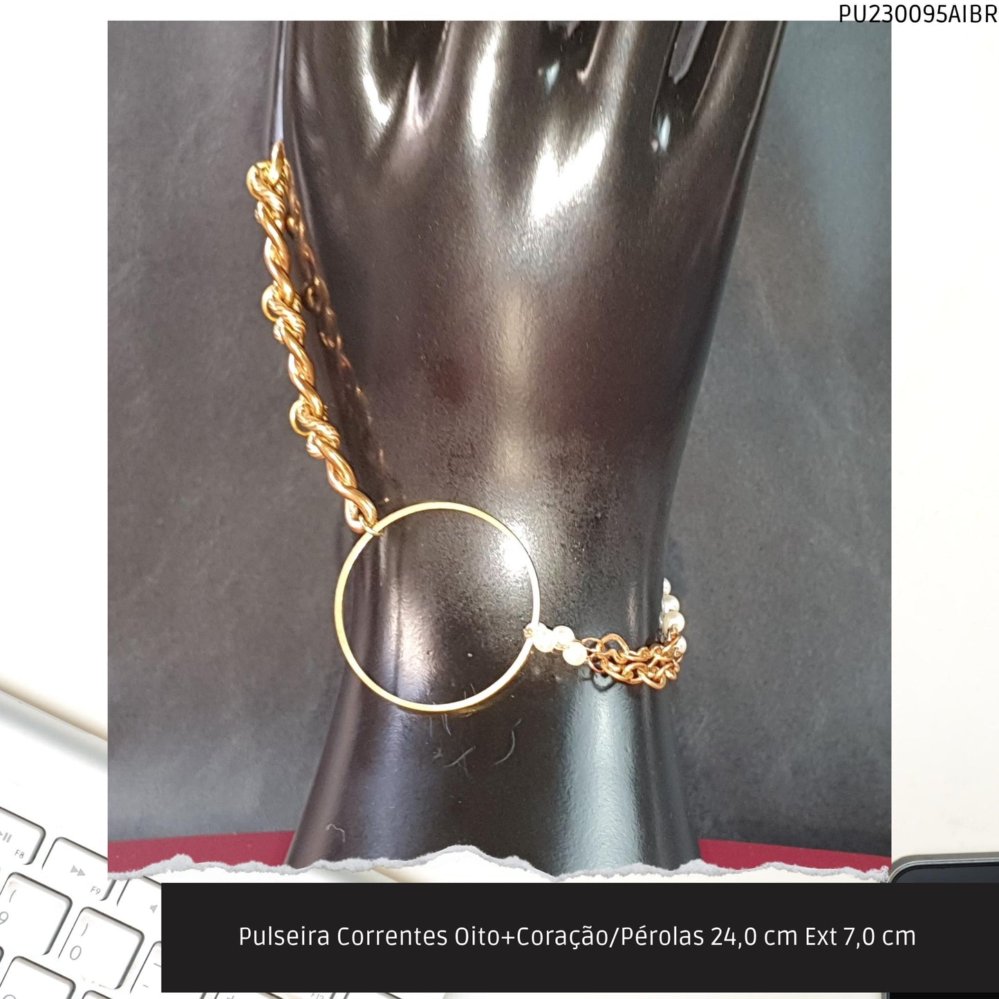 Pulseira Correntes Oito+Coração/Pérolas 24.0 cm Ext 7.0 cm   - Código.: PU230095AIBR  - Peso.: 12.5 gr