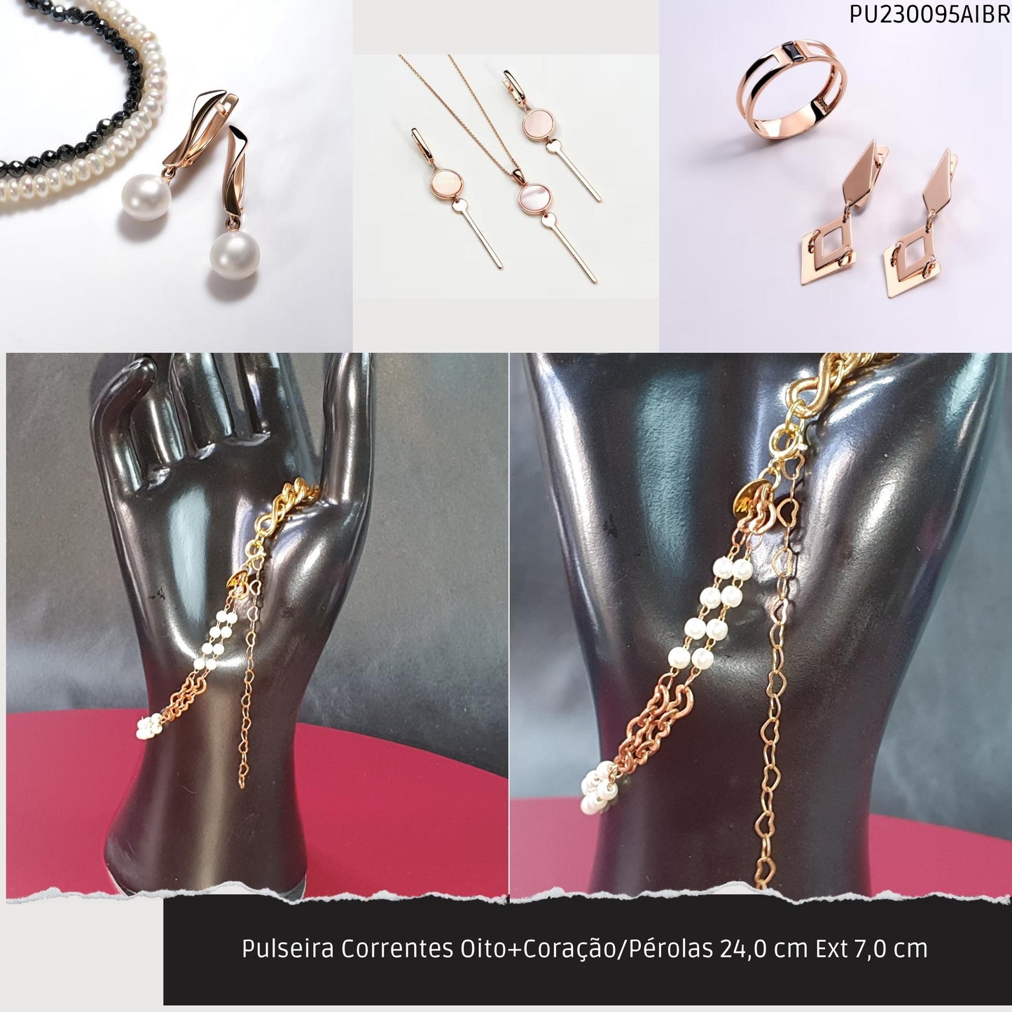 Pulseira Correntes Oito+Coração/Pérolas 24.0 cm Ext 7.0 cm   - Código.: PU230095AIBR  - Peso.: 12.5 gr