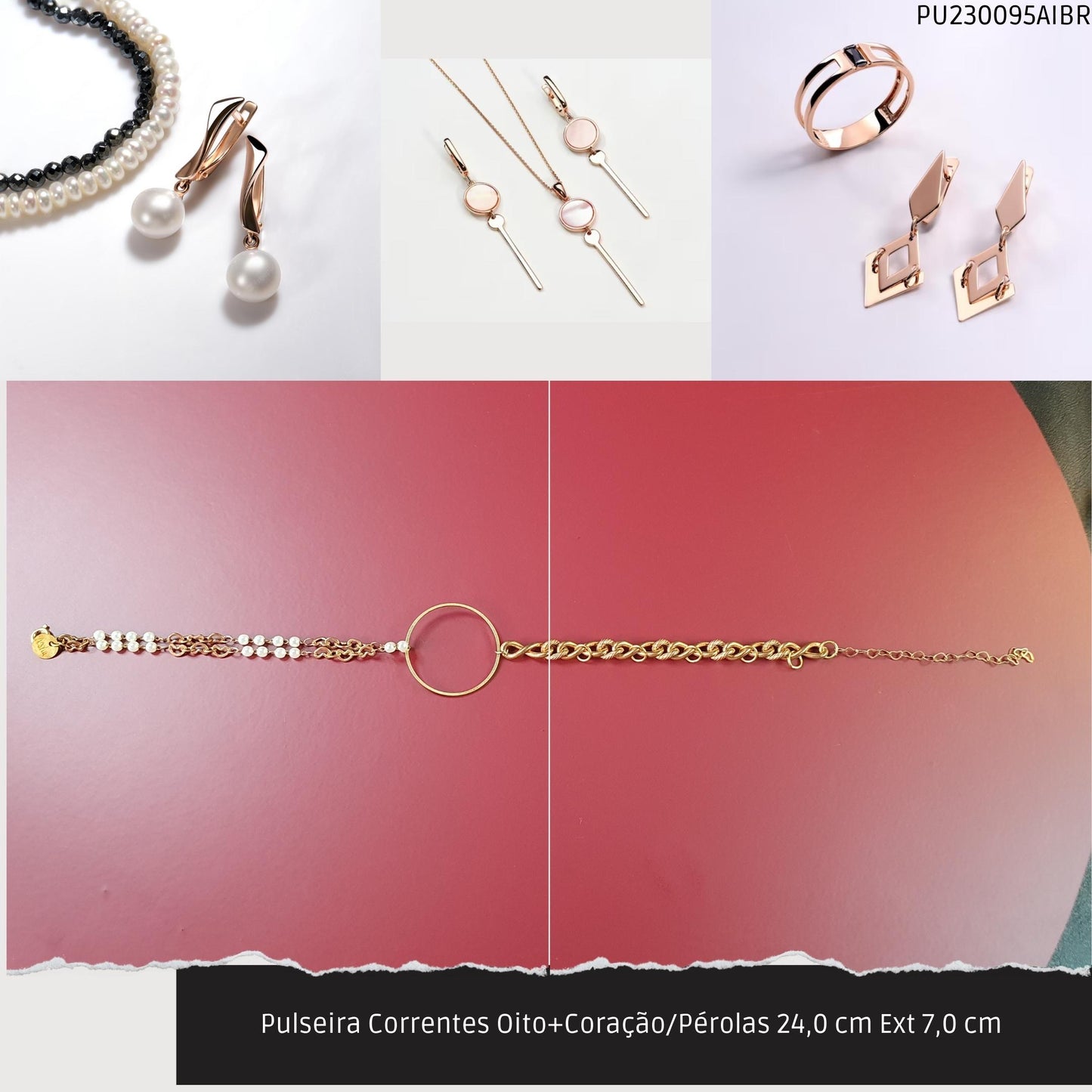 Pulseira Correntes Oito+Coração/Pérolas 24.0 cm Ext 7.0 cm   - Código.: PU230095AIBR  - Peso.: 12.5 gr