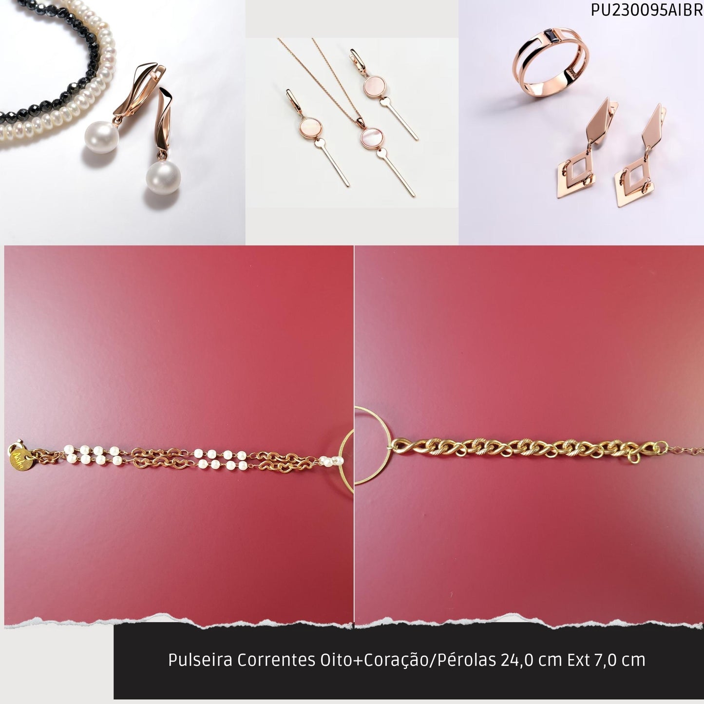 Pulseira Correntes Oito+Coração/Pérolas 24.0 cm Ext 7.0 cm   - Código.: PU230095AIBR  - Peso.: 12.5 gr