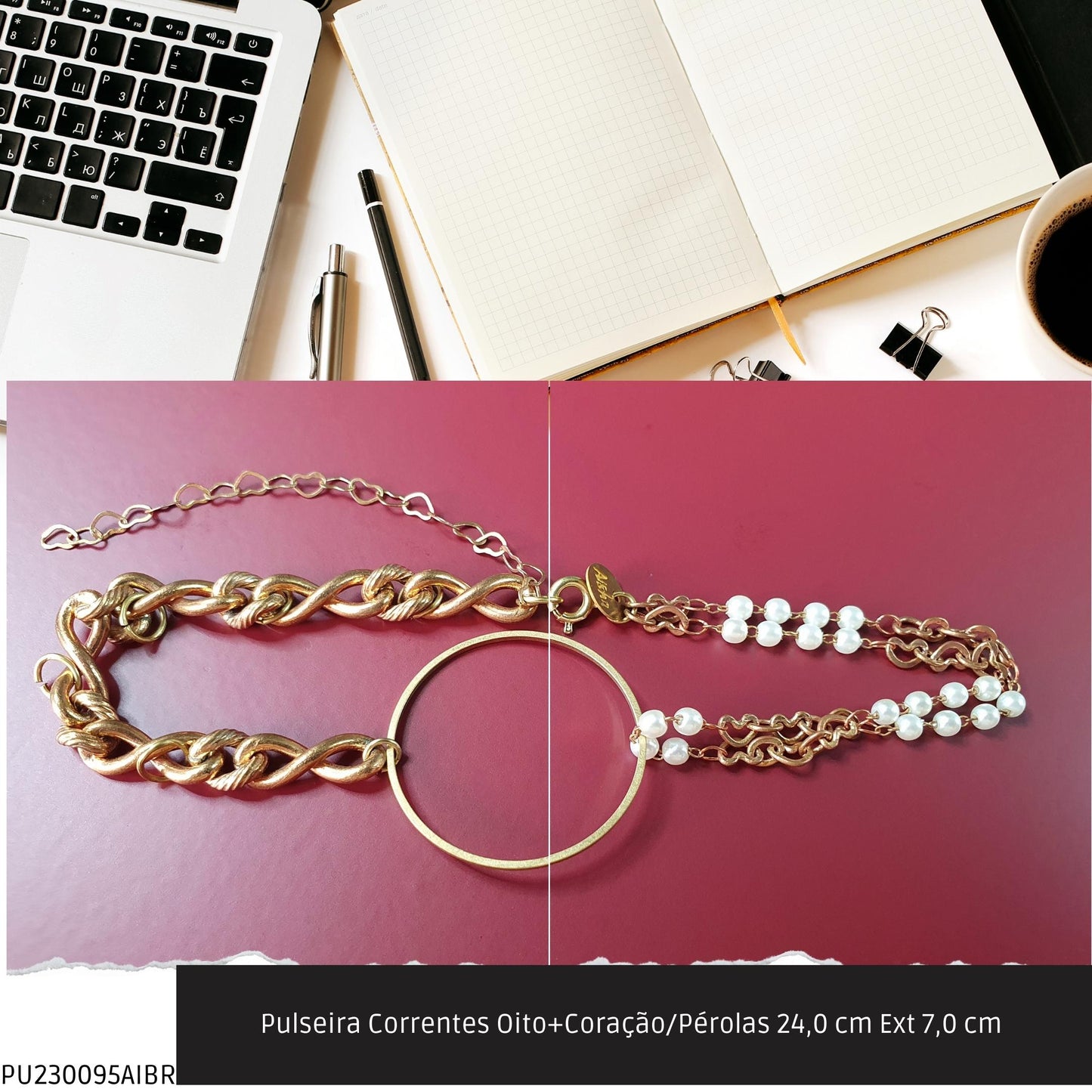 Pulseira Correntes Oito+Coração/Pérolas 24.0 cm Ext 7.0 cm   - Código.: PU230095AIBR  - Peso.: 12.5 gr
