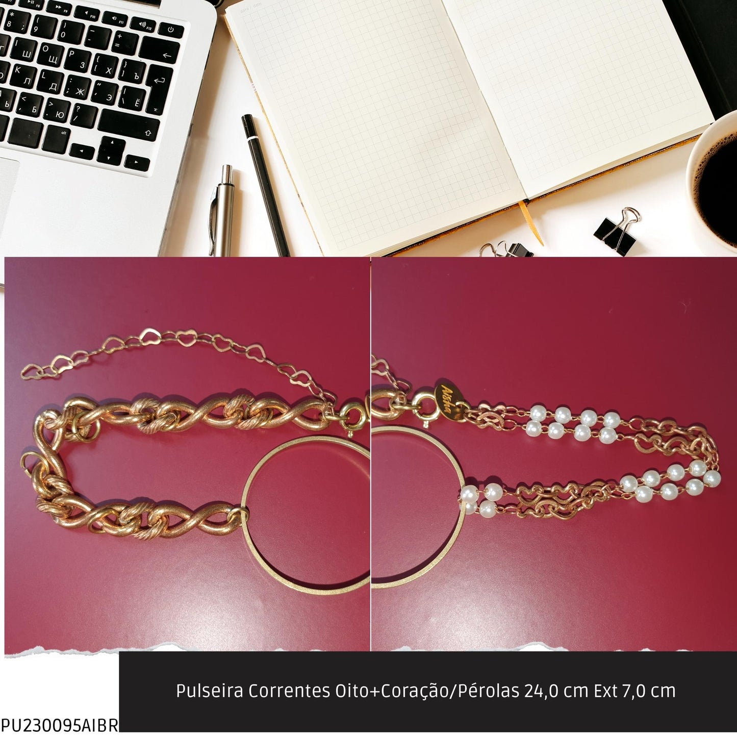 Pulseira Correntes Oito+Coração/Pérolas 24.0 cm Ext 7.0 cm   - Código.: PU230095AIBR  - Peso.: 12.5 gr