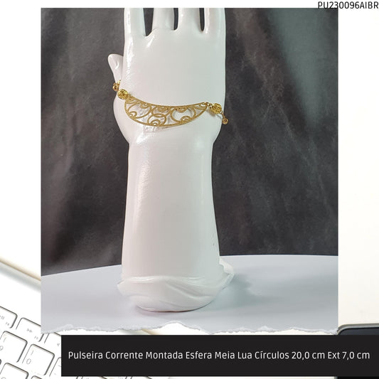 Pulseira Corrente Montada Esfera Meia Lua Círculos 20.0 cm Ext 7.0 cm   - Código.: PU230096AIBR  - Peso.: 3.5 gr