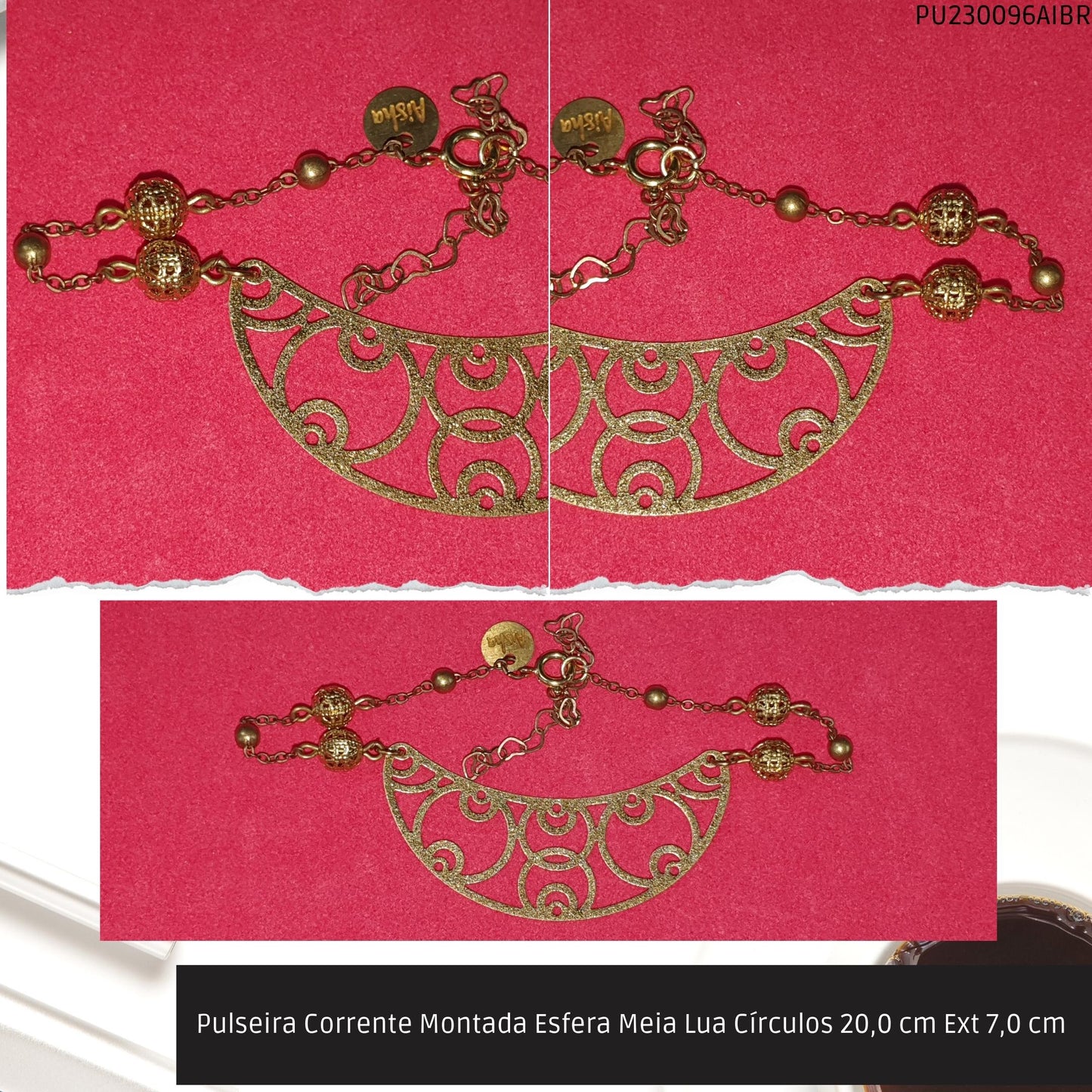Pulseira Corrente Montada Esfera Meia Lua Círculos 20.0 cm Ext 7.0 cm   - Código.: PU230096AIBR  - Peso.: 3.5 gr