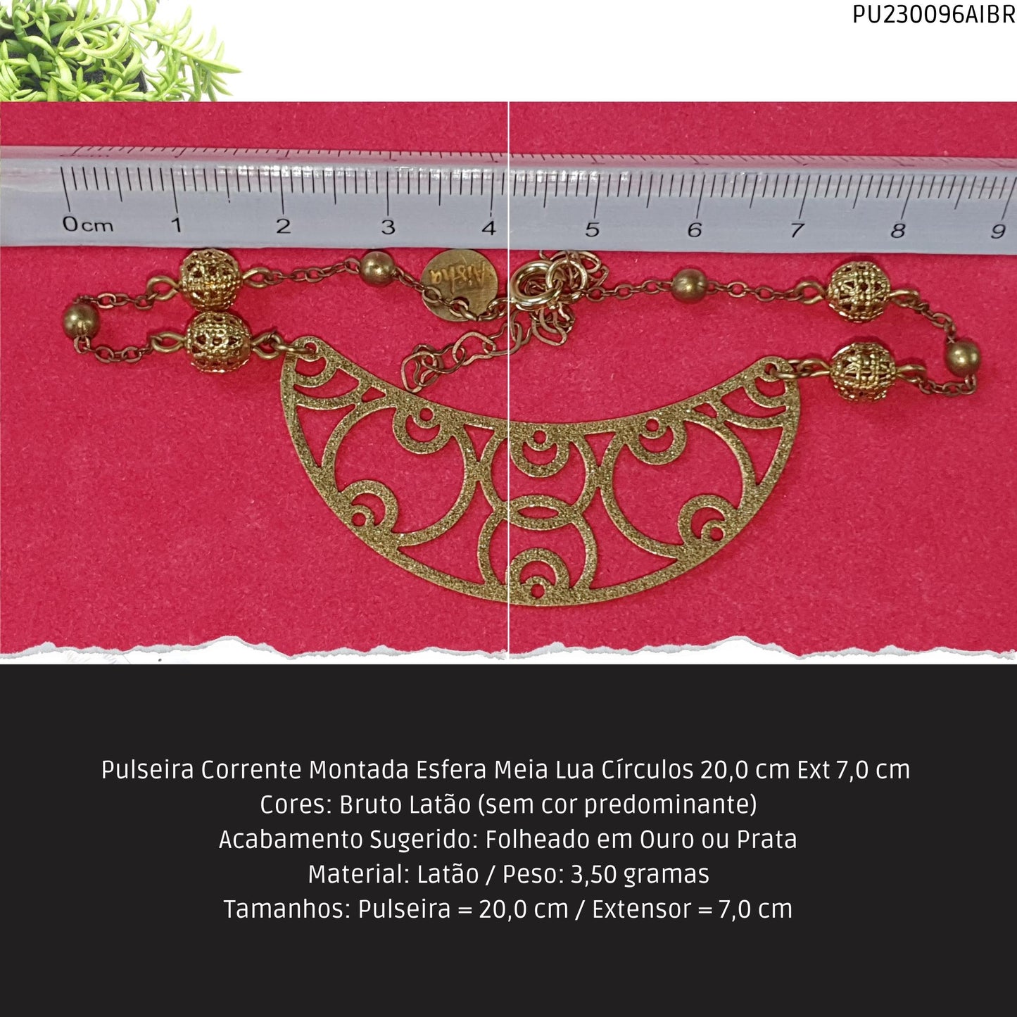 Pulseira Corrente Montada Esfera Meia Lua Círculos 20.0 cm Ext 7.0 cm   - Código.: PU230096AIBR  - Peso.: 3.5 gr