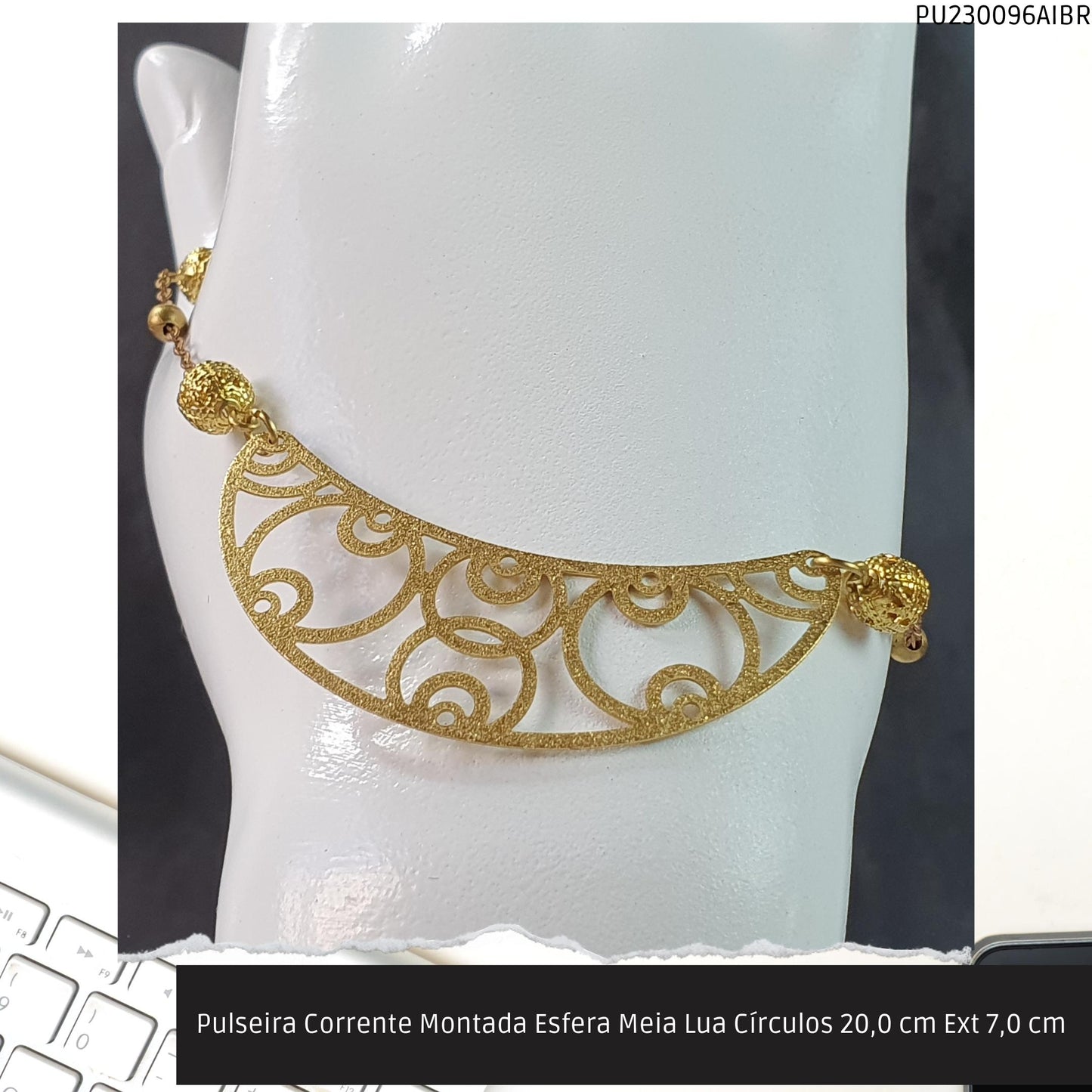Pulseira Corrente Montada Esfera Meia Lua Círculos 20.0 cm Ext 7.0 cm   - Código.: PU230096AIBR  - Peso.: 3.5 gr