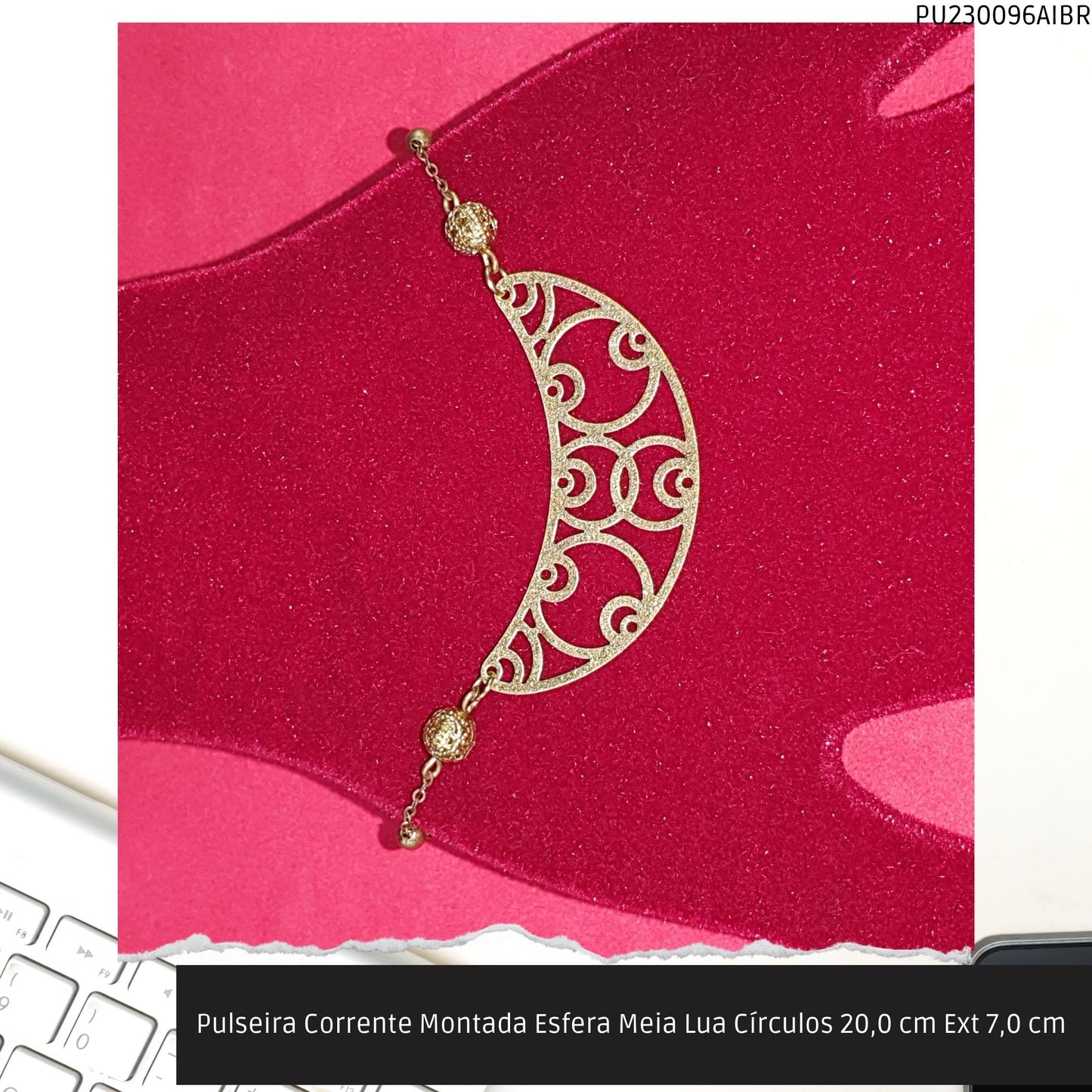 Pulseira Corrente Montada Esfera Meia Lua Círculos 20.0 cm Ext 7.0 cm   - Código.: PU230096AIBR  - Peso.: 3.5 gr