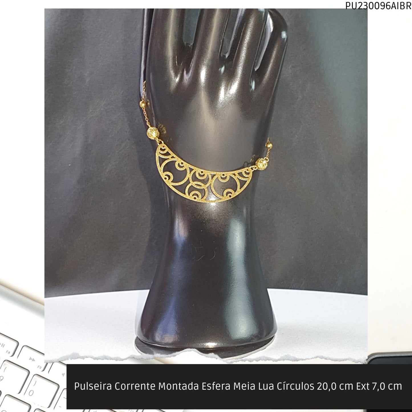Pulseira Corrente Montada Esfera Meia Lua Círculos 20.0 cm Ext 7.0 cm   - Código.: PU230096AIBR  - Peso.: 3.5 gr