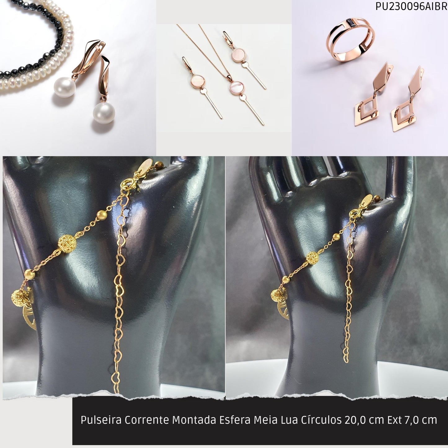 Pulseira Corrente Montada Esfera Meia Lua Círculos 20.0 cm Ext 7.0 cm   - Código.: PU230096AIBR  - Peso.: 3.5 gr
