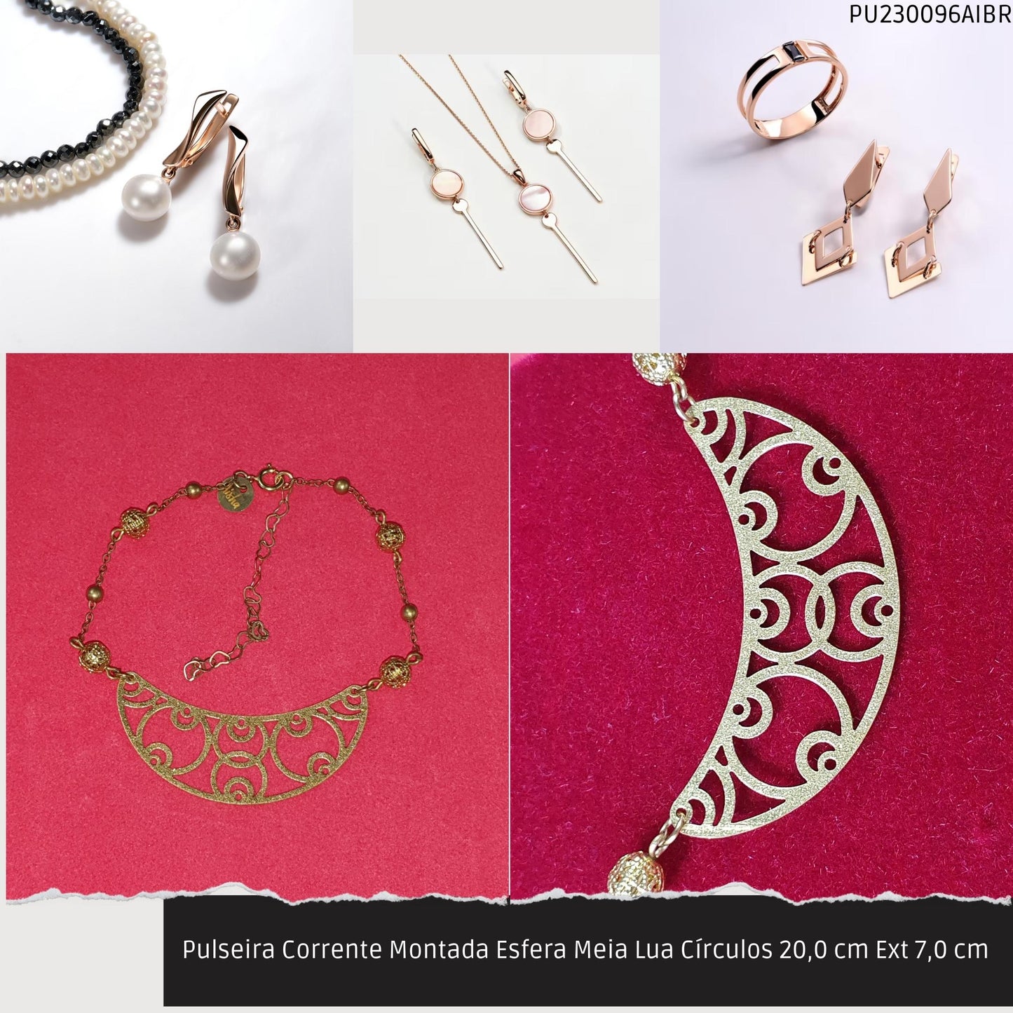 Pulseira Corrente Montada Esfera Meia Lua Círculos 20.0 cm Ext 7.0 cm   - Código.: PU230096AIBR  - Peso.: 3.5 gr