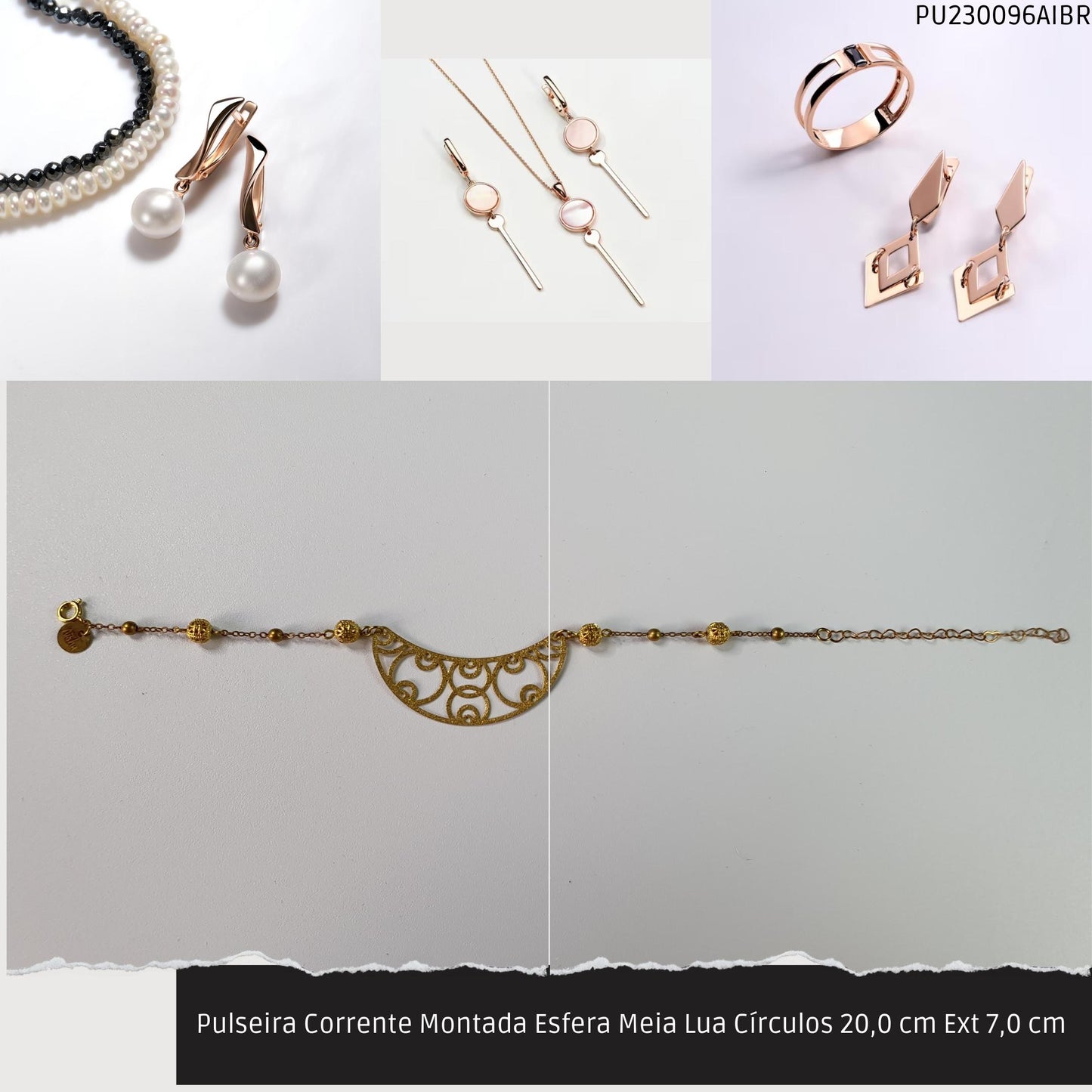 Pulseira Corrente Montada Esfera Meia Lua Círculos 20.0 cm Ext 7.0 cm   - Código.: PU230096AIBR  - Peso.: 3.5 gr