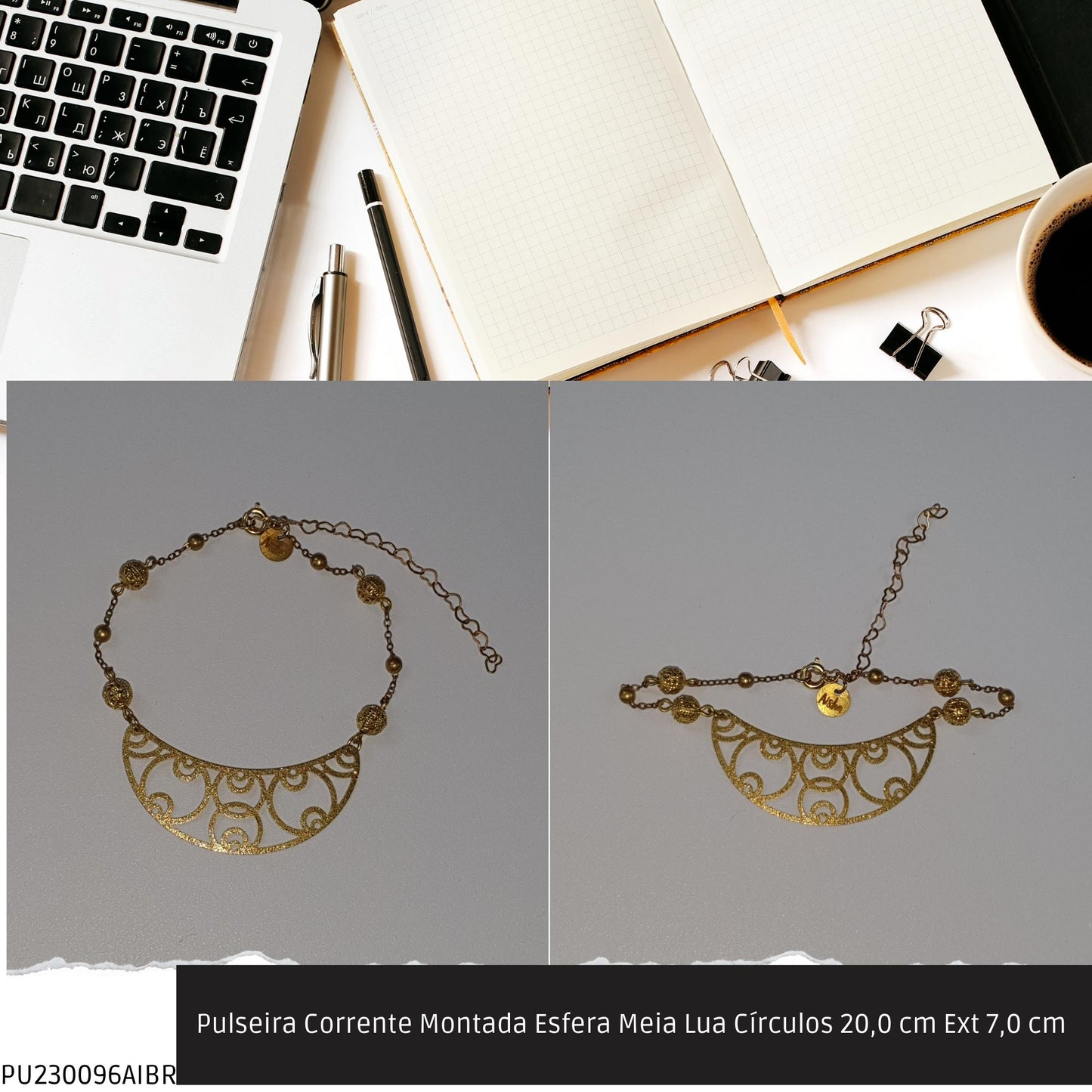 Pulseira Corrente Montada Esfera Meia Lua Círculos 20.0 cm Ext 7.0 cm   - Código.: PU230096AIBR  - Peso.: 3.5 gr